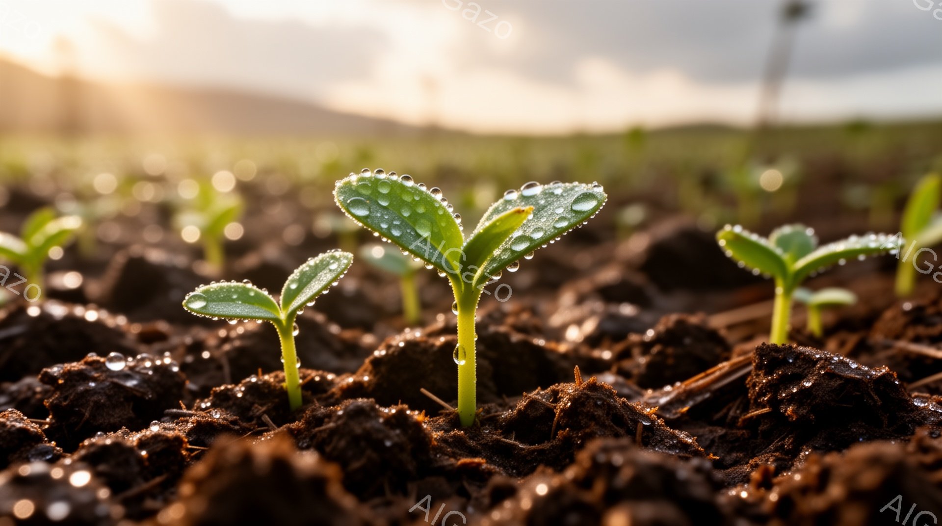 湿った土の中から新芽が顔を出し、朝露が葉に輝いている。背景はぼやけた茶色と緑のグラデーションで、まるで希望に満ちた日の出を思わせるような温かい光が差し込んでいる。 全体的に、生命力と成長の瞬間を捉えた - AI生成フリー素材