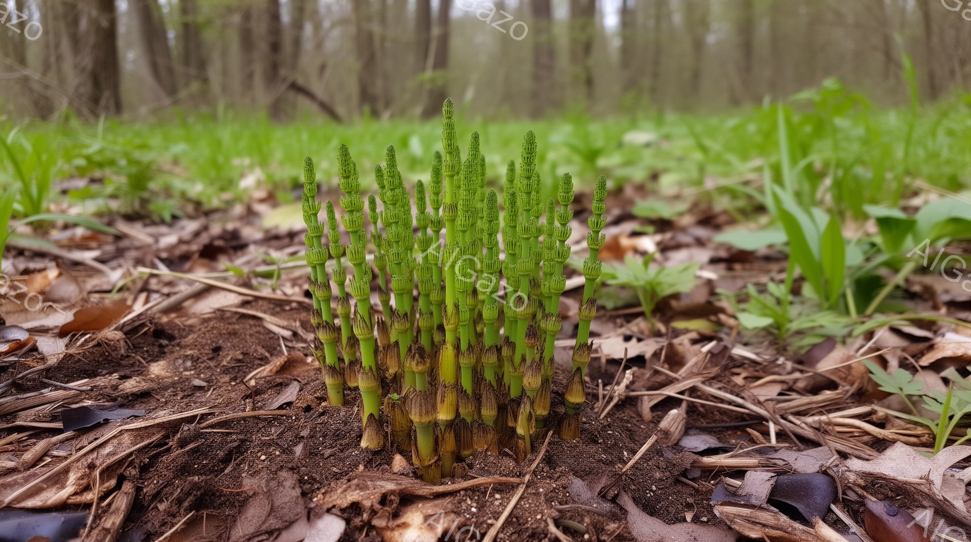 湿った土から生えたばかりの若々しいゼンマイが密集して写っている。背景には緑色の若葉が広がり、ぼやけた木々のシルエットが見える春の森の様子が捉えられている。全体的に新緑の生命力と静けさを感じさせる、自然 - AI生成フリー素材