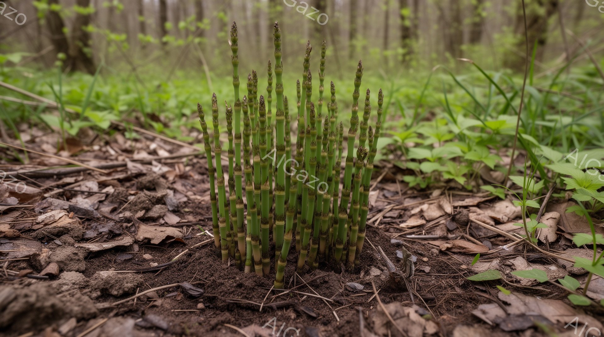 湿った土の中から、緑色の若いアスパラガスが密集して生えている様子が写っている。周囲は枯れ葉や緑の雑草に覆われた森林の床で、薄暗い光が差し込んでいる。春の訪れを感じさせる、静かで穏やかな雰囲気である。 - AI生成フリー素材