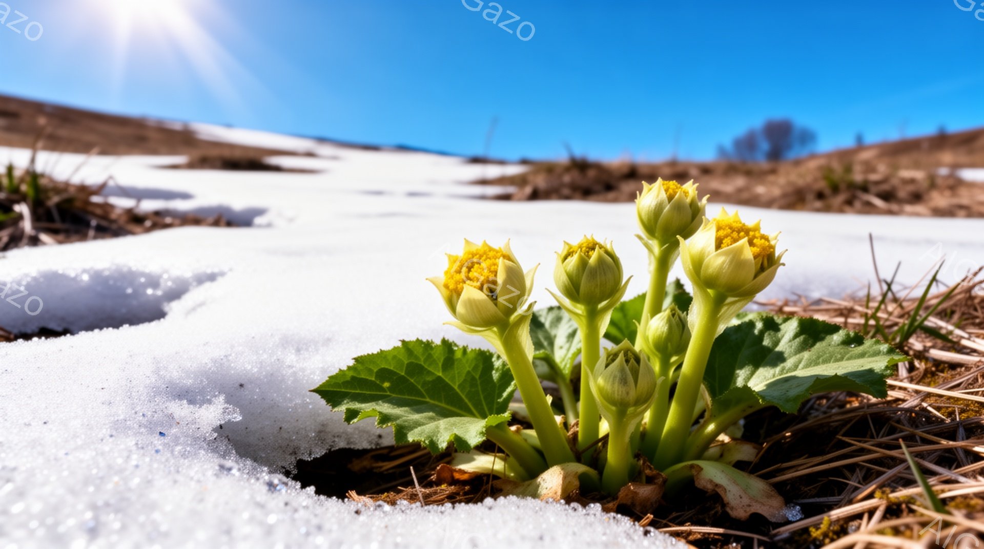 融け始めた雪の中に、緑の葉と蕾が密集した黄色い花が咲き誇っている。背景には、まだ雪が残るなだらかな丘陵地帯が広がり、晴天の下で太陽が眩しく輝いている。春の訪れを感じさせる、希望に満ちた明るい雰囲気の写真だ。