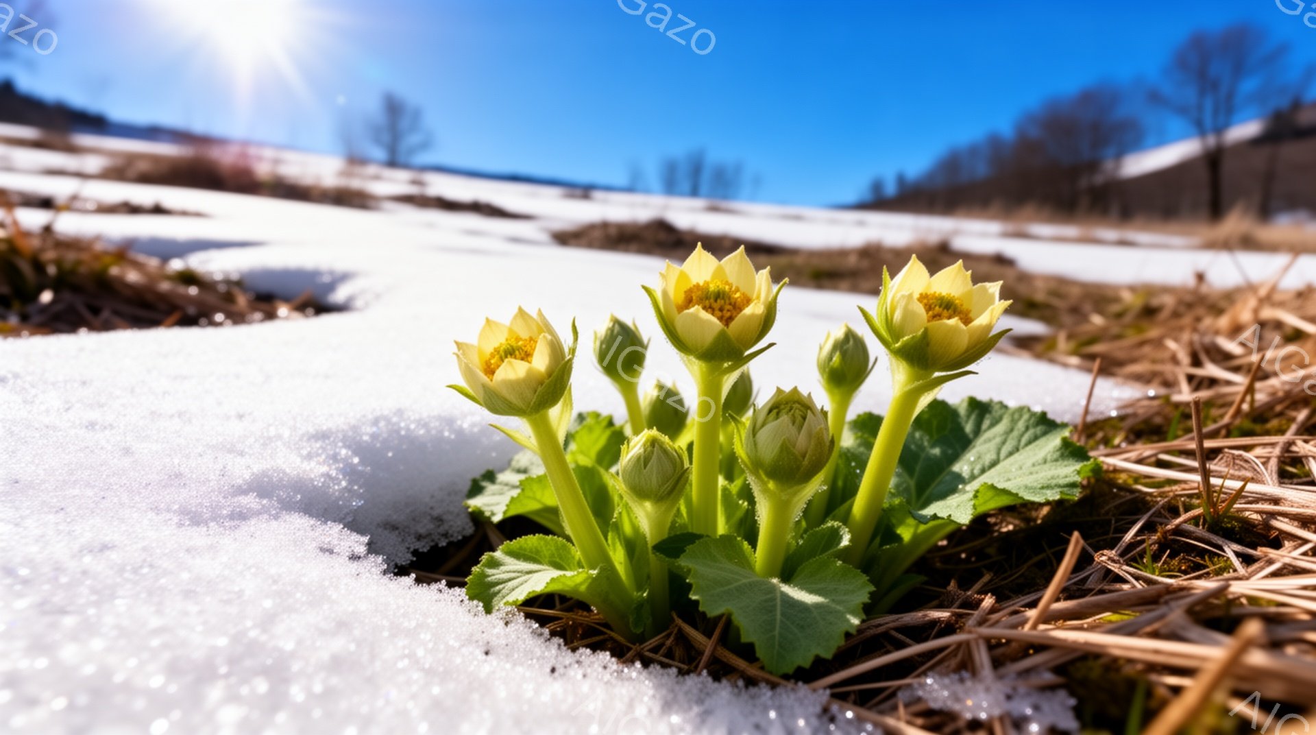 雪の中に力強く咲く花々が印象的な写真です。鮮やかな緑の葉と黄色の花びらは、まだ残る雪とのコントラストで春の訪れを告げるかのようです。背景には青空と、まだ雪が残る丘が広がっており、清々しい空気感を感じさせます。