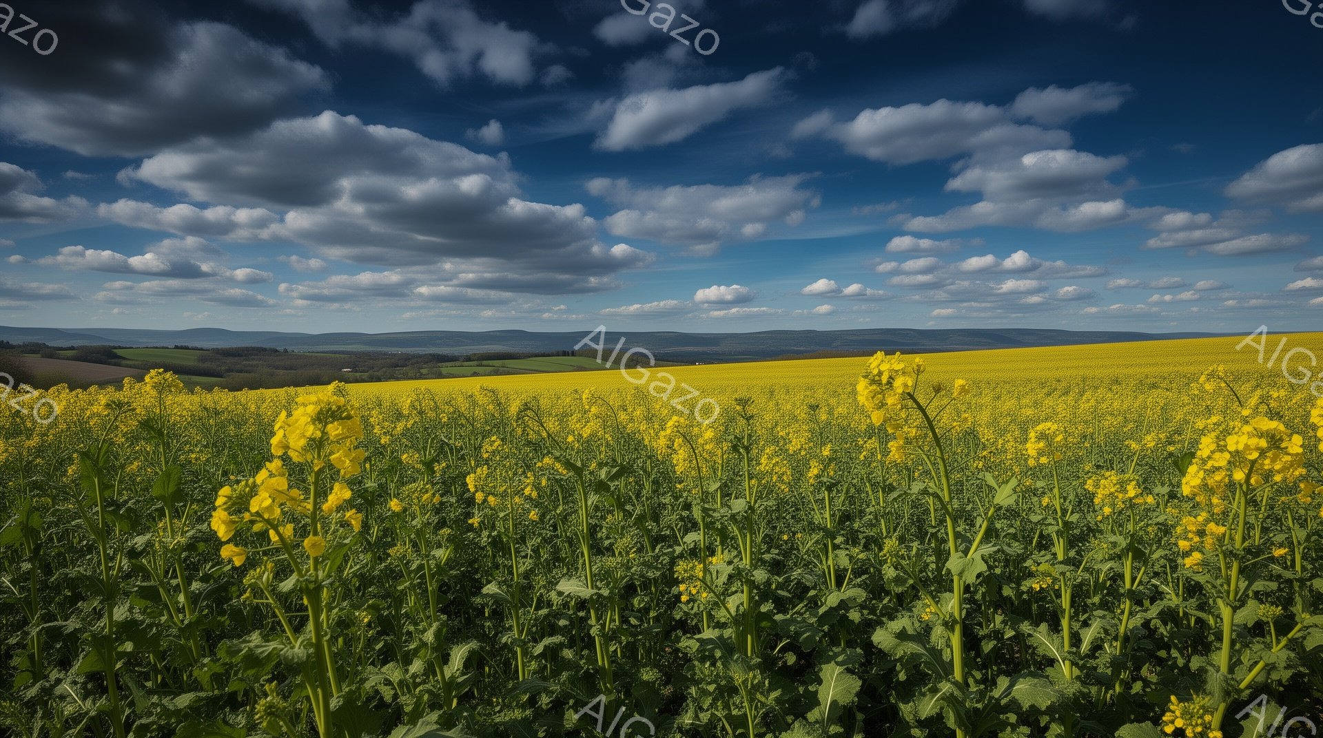広大な菜の花畑が広がり、鮮やかな黄色い花々が手前に密集して咲き誇っている。背景には緑の丘陵と遠くの山々が霞んでおり、空は白い雲が浮かぶ青空が広がっている。全体的に明るく、暖かく、希望に満ちた雰囲気を感 - AI生成フリー素材