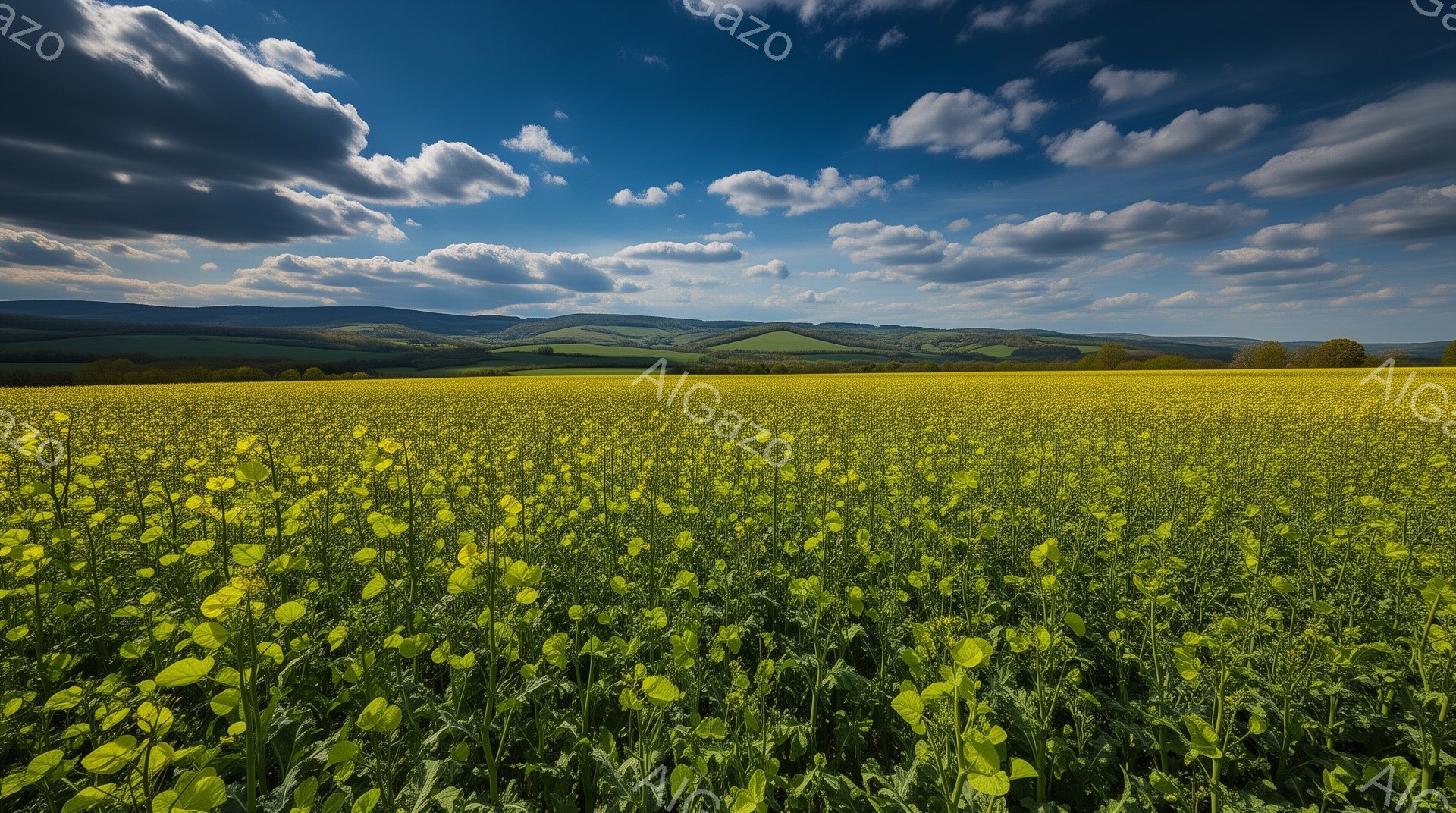 広大な菜の花畑が広がり、手前に鮮やかな黄色の花が密集して咲き乱れている。遠景には緑色の丘陵地帯が連なり、空には厚い雲が広がり、ドラマチックな光景を作り出している。全体として、明るく生命力に満ちた、自然 - AI生成フリー素材