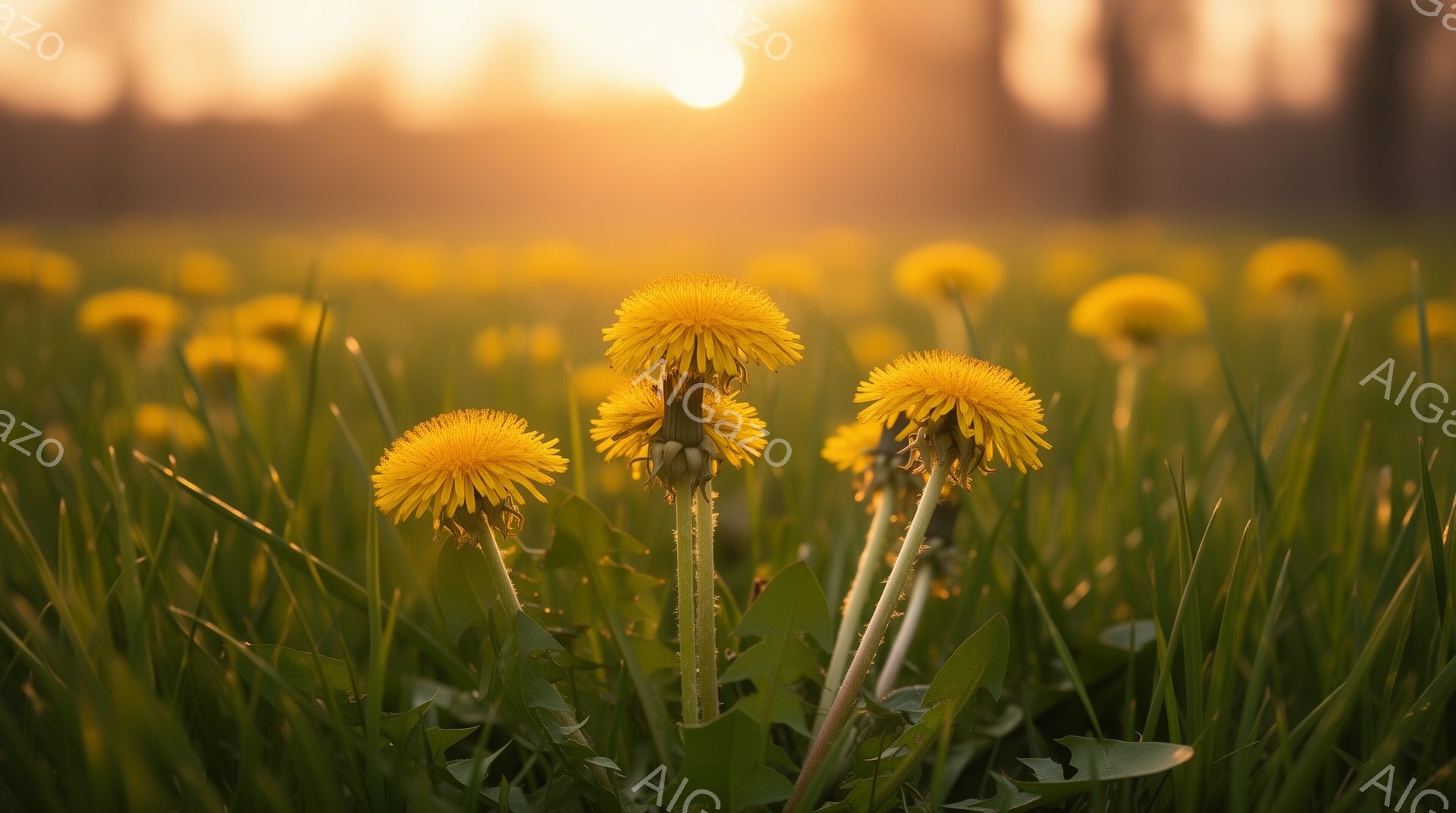 広々とした緑の草原に、鮮やかな黄色のタンポポが咲き乱れている。夕焼けの光がタンポポと草を照らし、暖かく幻想的な雰囲気を醸し出している。背景にはぼんやりと木々が見え、穏やかで平和な自然の風景が広がってい - AI生成フリー素材