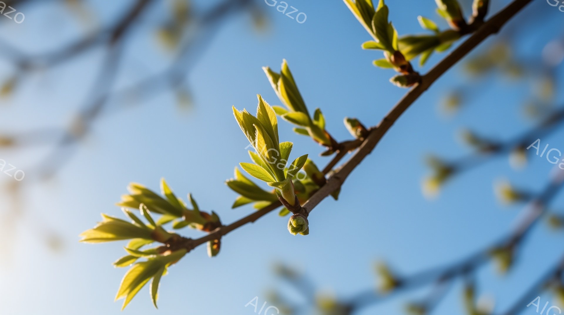 鮮やかな青空を背景に、新緑の芽が枝から力強く伸びている様子が捉えられています。柔らかい光が葉を照らし、春の暖かさと生命力を感じさせます。背景にはぼんやりと他の枝が見え、自然の息吹が広がっている穏やかな - AI生成フリー素材