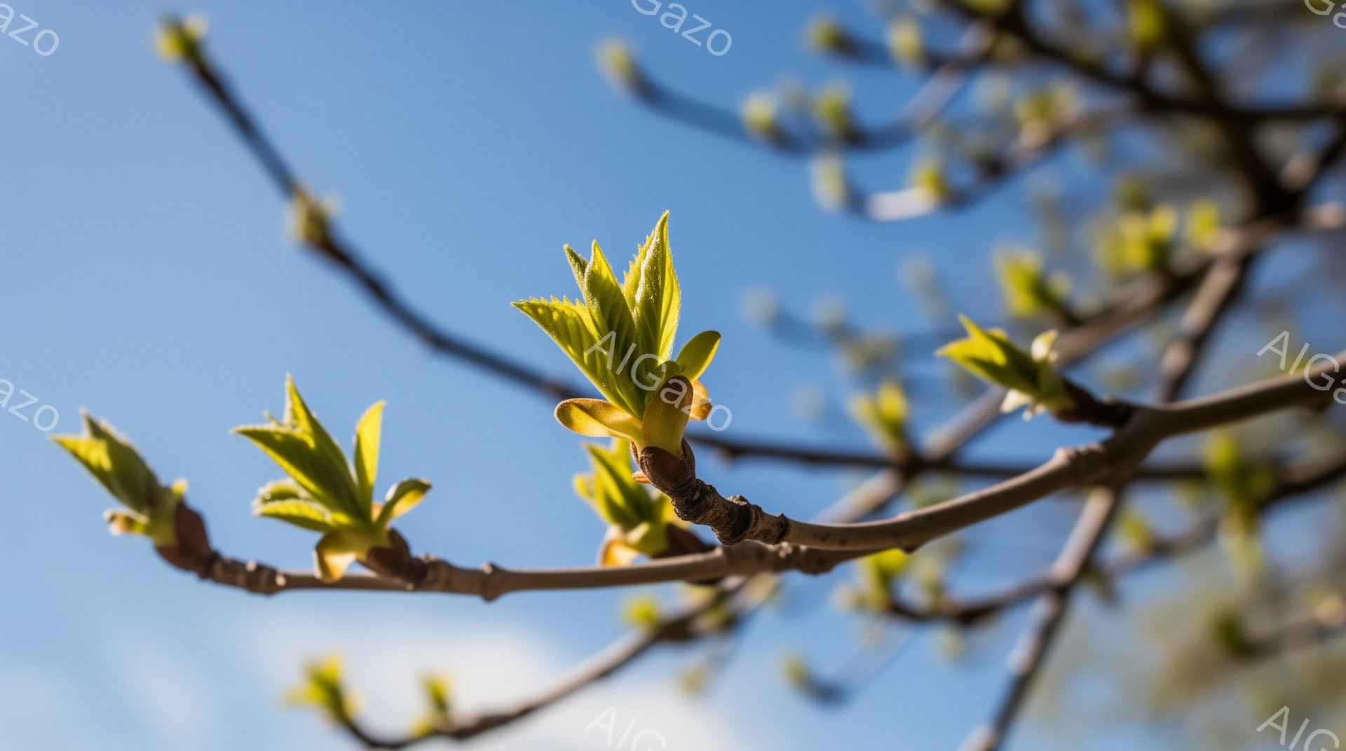 空を背景に、新緑の芽が枝に咲き誇っているクローズアップ写真です。柔らかい緑色の葉は、春の息吹を感じさせ、生命の力強さを表現しています。青空と芽のコントラストが美しく、穏やかで希望に満ちた雰囲気を醸し出 - AI生成フリー素材