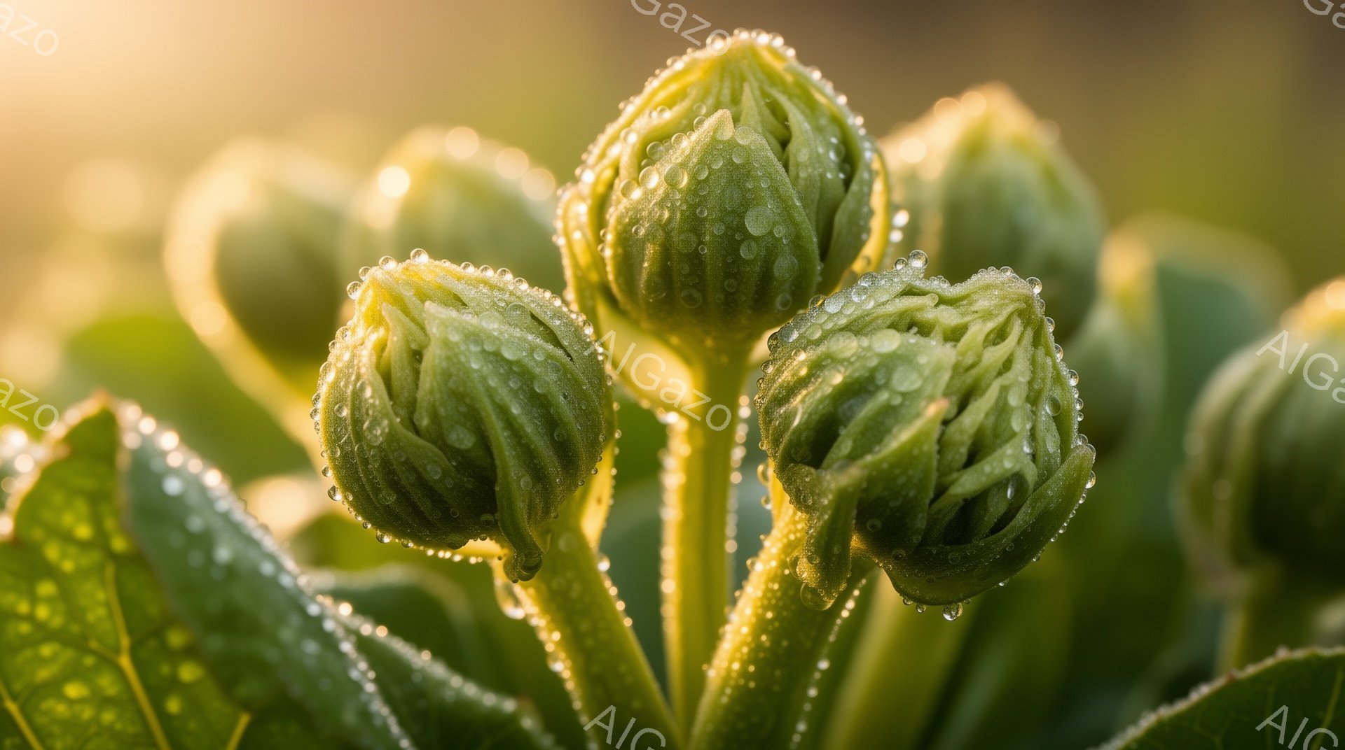 鮮やかな緑色の未開花の花蕾が、朝露に濡れて輝いている。丸みを帯びた花蕾は密集しており、瑞々しい生命力を感じさせる。背景には緑の葉が広がり、柔らかい光が差し込んで、穏やかで希望に満ちた雰囲気を醸し出して - AI生成フリー素材