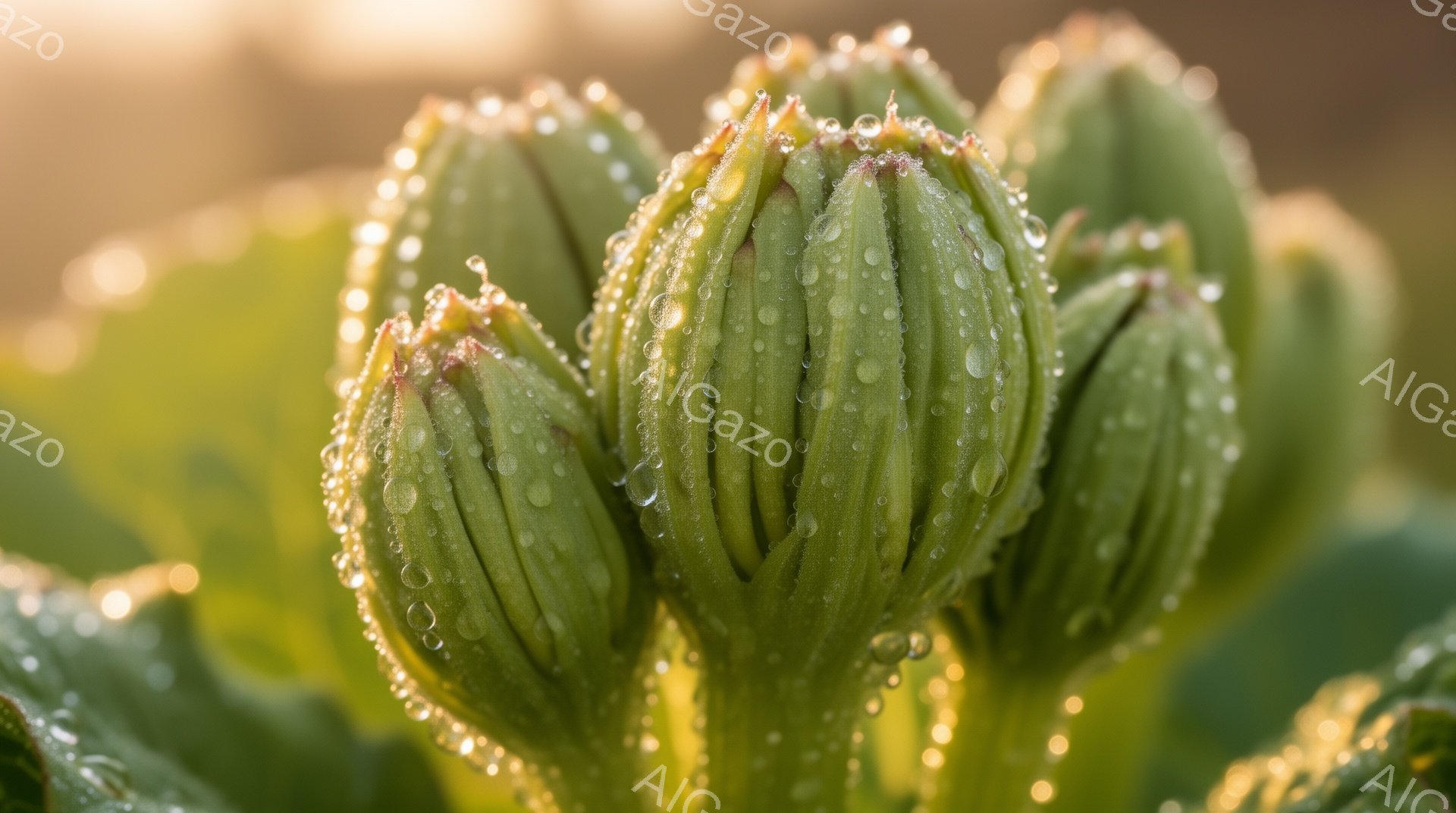 新鮮な緑色の蕾が、朝露に濡れてキラキラと輝いている。背景はぼやけた緑色の葉っぱで、柔らかい光が差し込み、全体的に穏やかで希望に満ちた雰囲気である。水滴がまるで宝石のように見え、自然の美しさを強調している。