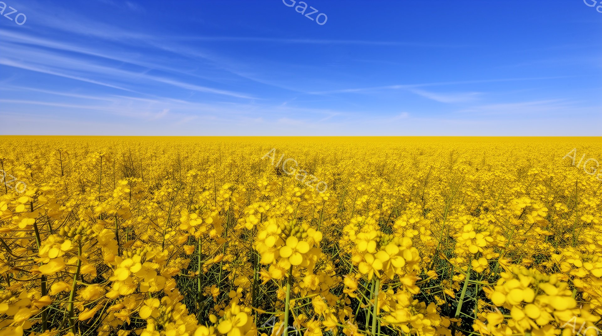 広大な菜の花畑が、鮮やかな黄色で地平線まで広がっている。空は澄んだ青色で、ところどころに白い雲が浮かび、穏やかな春の日を思わせる。菜の花は密集しており、小さな黄色い花が密集して咲き乱れている様子がよく - AI生成フリー素材