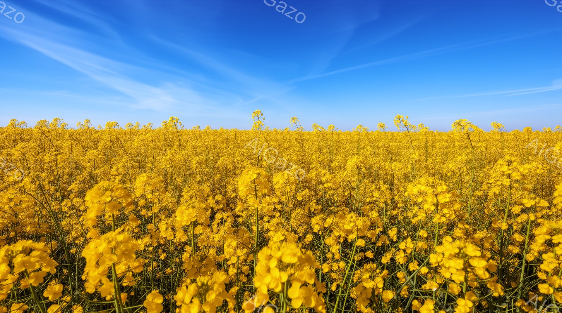 広大な菜の花畑が写真全体を占めており、鮮やかな黄色が目に飛び込んできます。空は澄み切った青色で、白い雲がところどころに見え、暖かい春の陽気を連想させます。全体的に、明るく希望に満ちた、のどかな雰囲気で - AI生成フリー素材