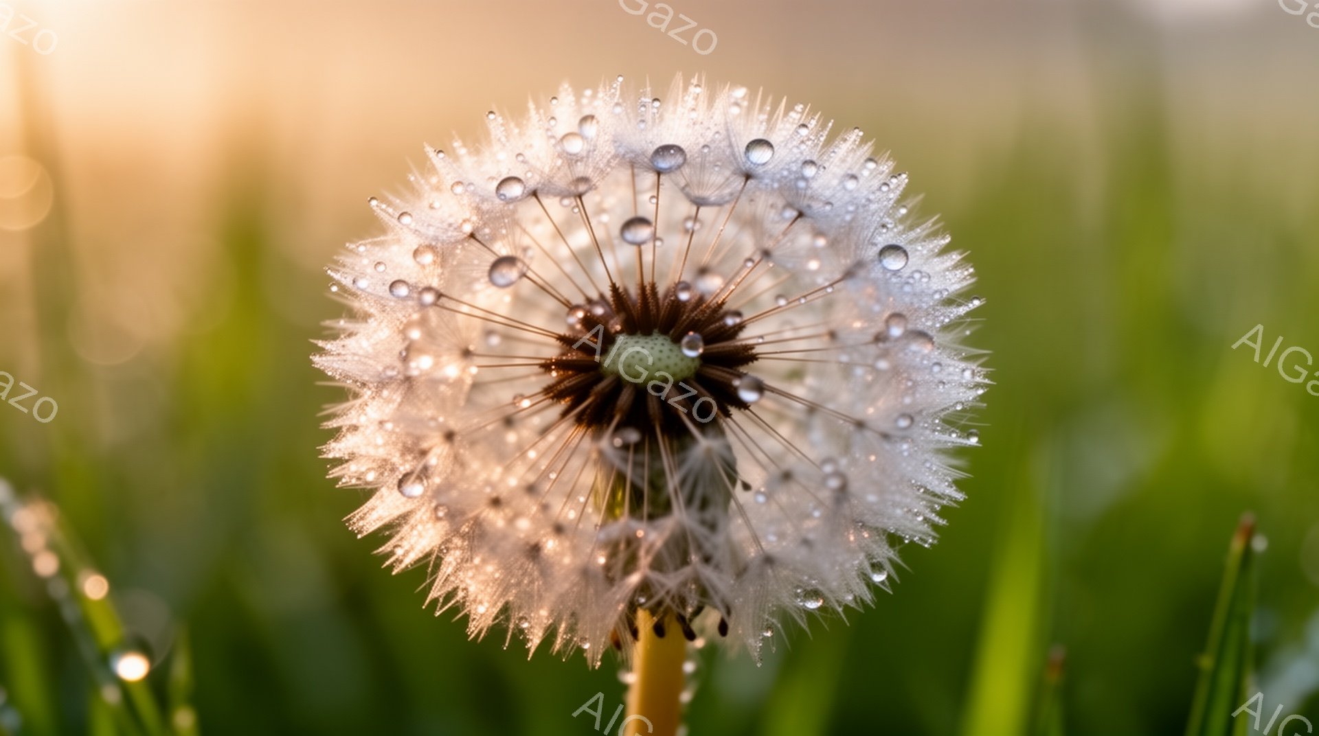白いタンポポの綿毛が、朝露に濡れて輝いている。背景には緑色の草が生い茂り、ぼんやりとした黄金色の光が差し込んでいる。柔らかな光と水滴が、穏やかで幻想的な雰囲気を醸し出している。