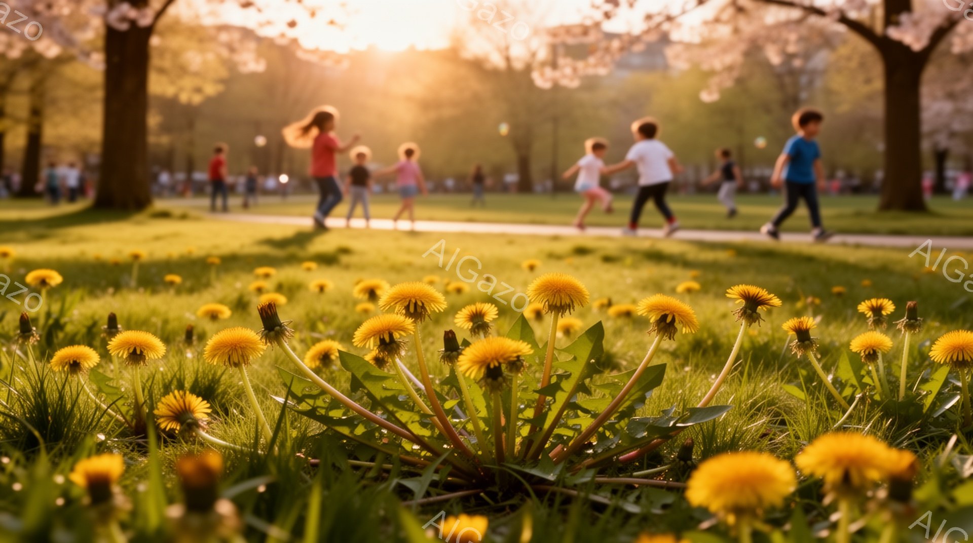 鮮やかな黄色のタンポポが緑の草むらの中に咲き乱れている。背景には、遊歩道を走る子供たちのぼやけた姿が見え、春の暖かい日差しが差し込んでいる。木々が咲き誇り、公園全体が明るく、平和な雰囲気に包まれている。