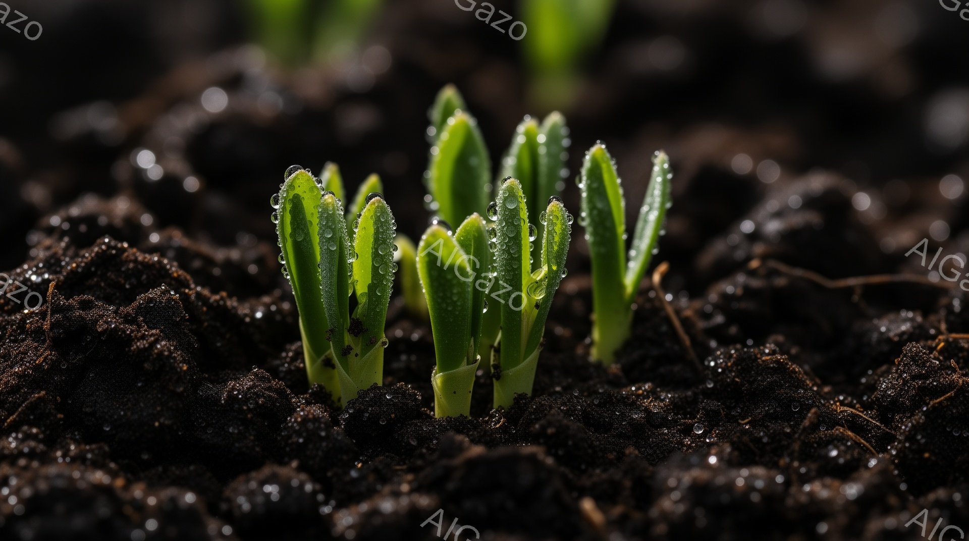 湿った暗褐色の土の中から、緑色の若芽がいくつか顔を出している様子が写っている。若芽には水滴が付き、生命力に満ち溢れている。背景は土のみで、新芽の鮮やかな緑色が際立っている。 - AI生成フリー素材