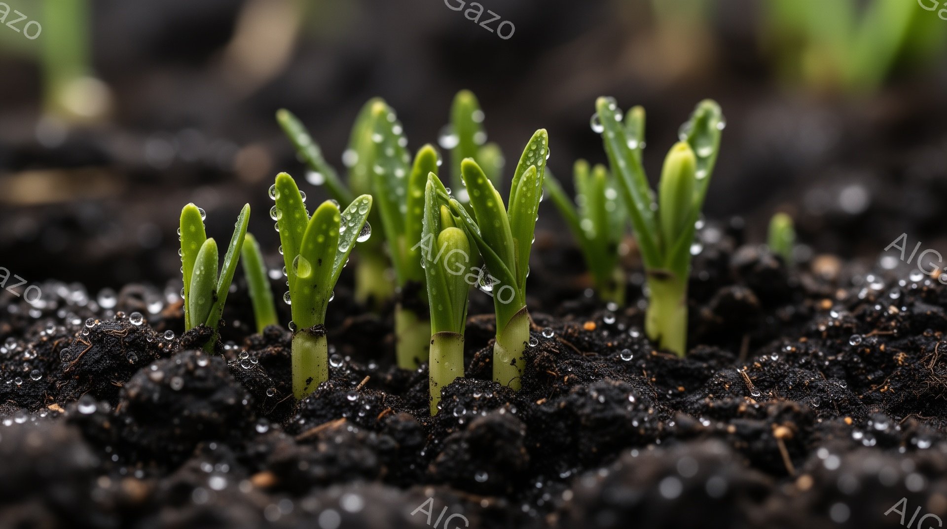 新緑の芽が黒土の中から顔を出し、朝露をまとっています。小さな芽は瑞々しく、生命力に満ち溢れている印象を与えます。背景は土の質感と水滴が強調され、新芽の鮮やかさを引き立てています。