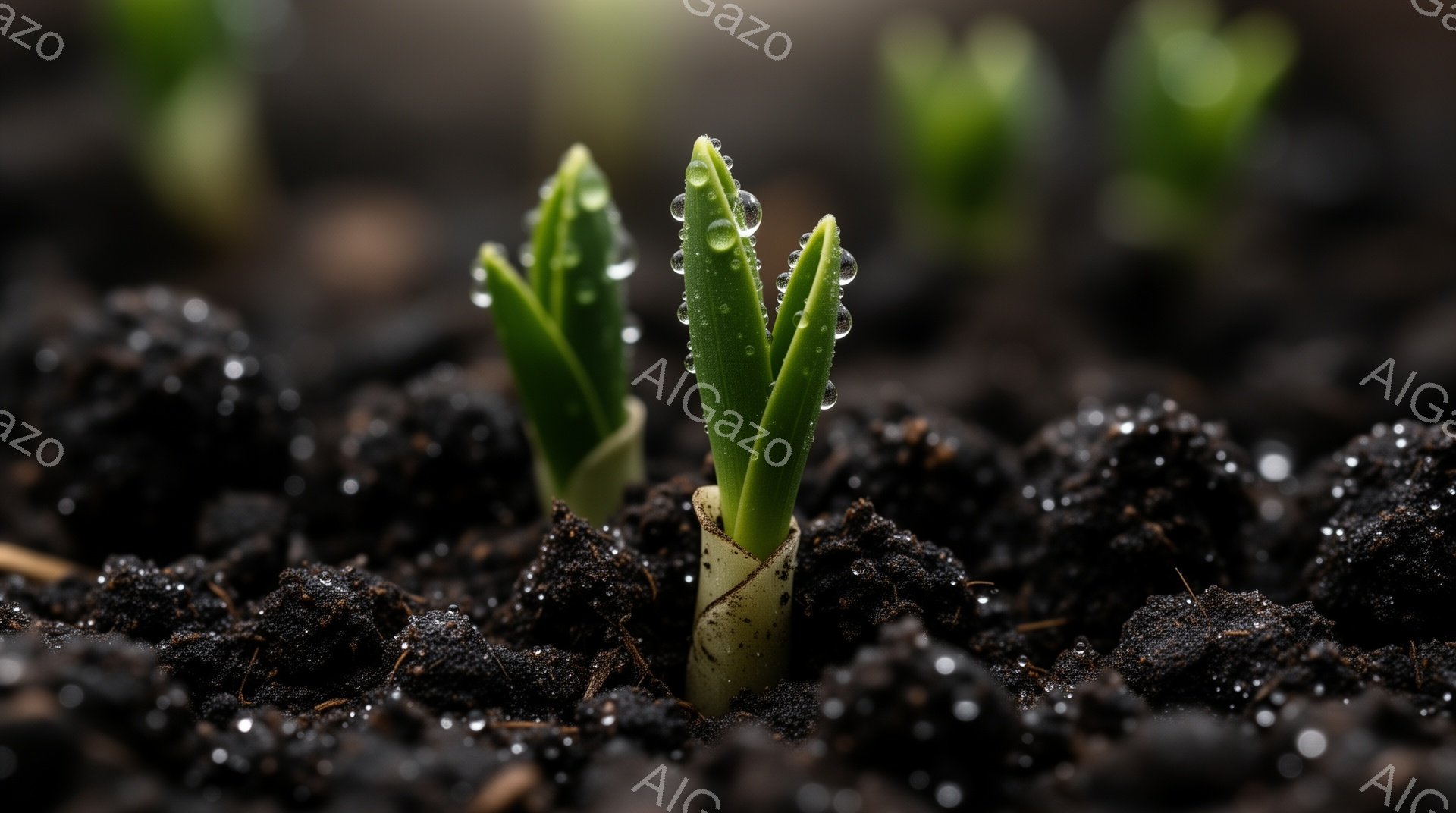 湿った土の中から、新芽が顔を出している様子が捉えられています。葉はまだ小さく、朝露のような水滴が表面に輝き、生命力に満ち溢れています。背景は暗い土の色で、新芽の緑が際立ち、春の訪れを感じさせる穏やかな - AI生成フリー素材