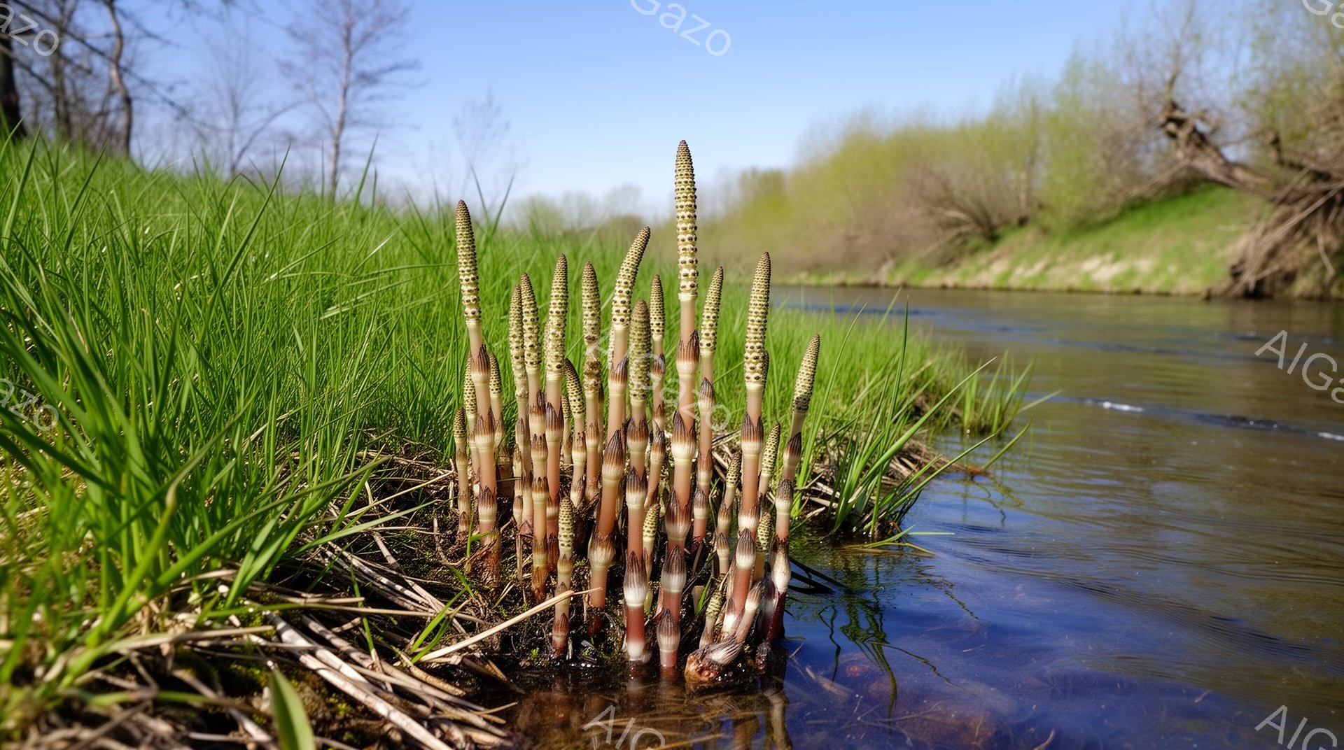鮮やかな緑の草原の中に、葦のような植物が密集して生えている様子が写っている。植物は茶色と緑の縞模様を持ち、水辺の湿った土から生えている。背景には穏やかな流れの川と、裸の木々が見え、春の穏やかな一日を表 - AI生成フリー素材