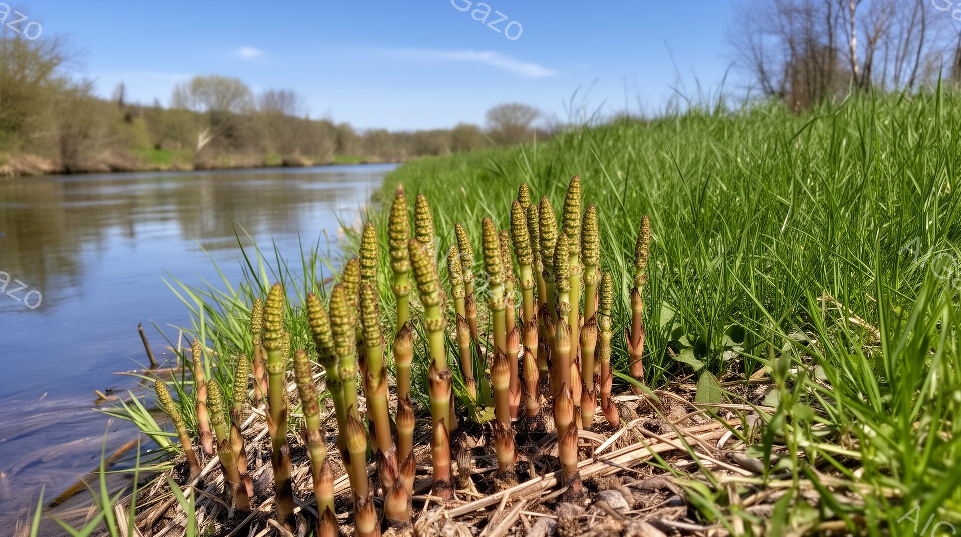 川沿いの緑豊かな草むらに、たくさんのスギナが生えている様子が写っている。スギナはまだ若く、鮮やかな緑色で、茎は赤褐色をしている。背景には穏やかな川と、遠くに見える木々が広がっており、晴れた空の下で穏やかな春の風景が広がっている。