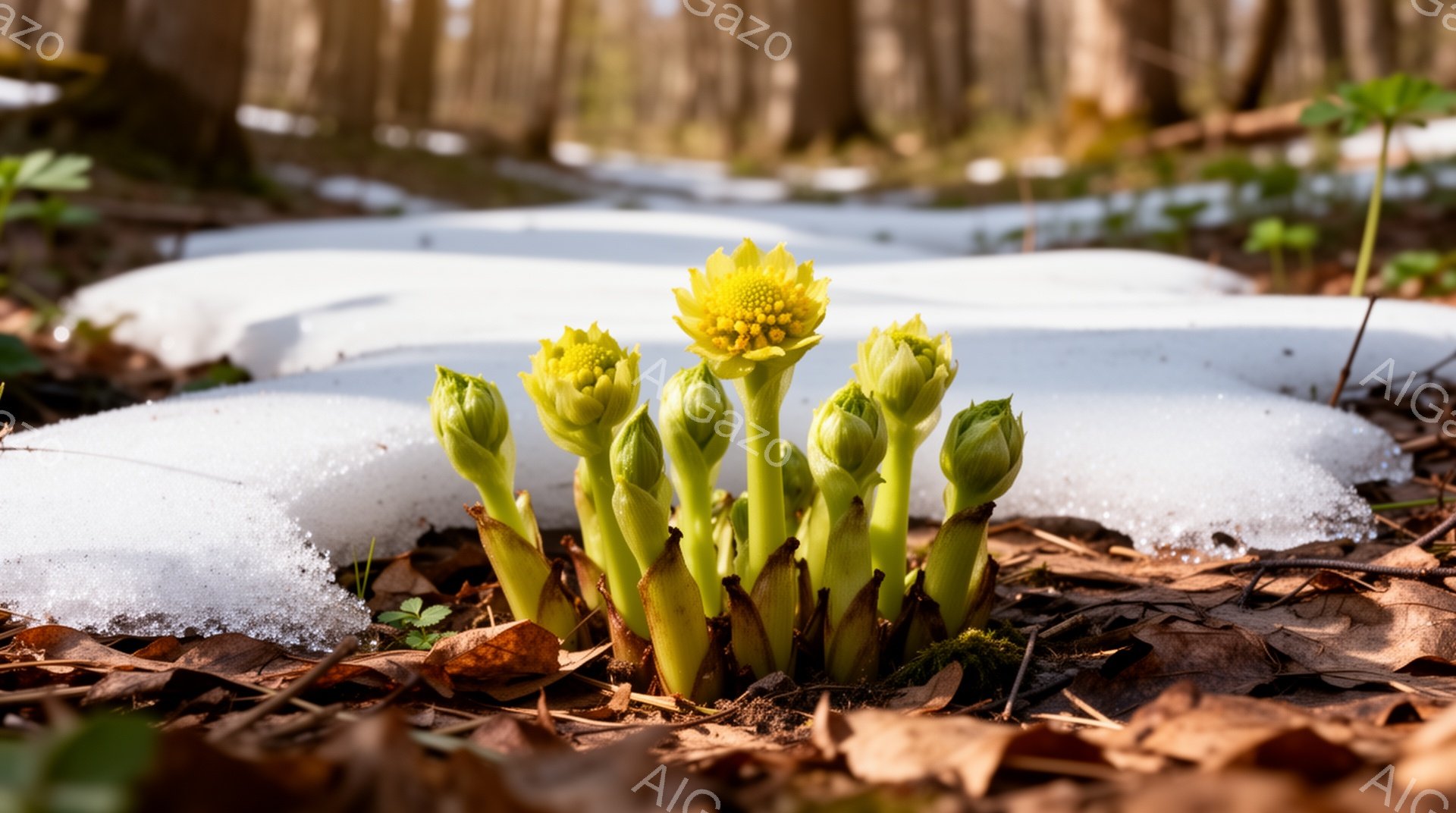 凍てつくような土から、鮮やかな黄色の花が顔を覗かせている。周りには溶け残った雪と枯れ葉が散らばり、春の訪れを告げているような、生命力に満ちた様子が印象的だ。背景にはぼんやりと木々が見え、静かで穏やかな - AI生成フリー素材