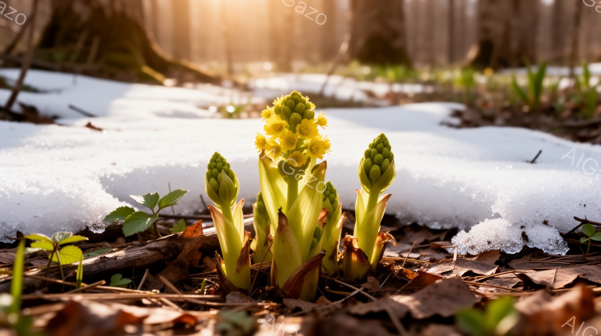 融け始めた雪の中に、鮮やかな黄色の花が咲き誇る様子が捉えられています。土と枯葉の間から伸びる緑色の茎と蕾は、春の訪れを告げる力強い生命力を感じさせます。背景には木々がぼんやりと見え、柔らかい光が差し込み、希望に満ちた静謐な雰囲気を醸し出しています。