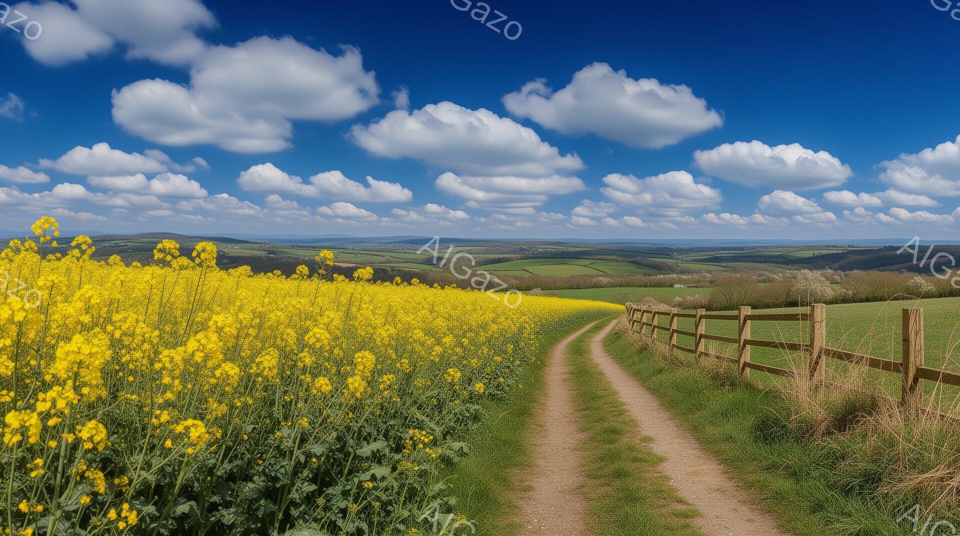 広大な緑の丘陵地帯を見下ろす、鮮やかな黄色の菜の花畑が広がる風景です。土の道が菜の花畑の中を蛇行し、木製の柵が沿って続いています。空には白い雲が浮かび、晴れた日の穏やかで開放的な雰囲気を醸し出しています。