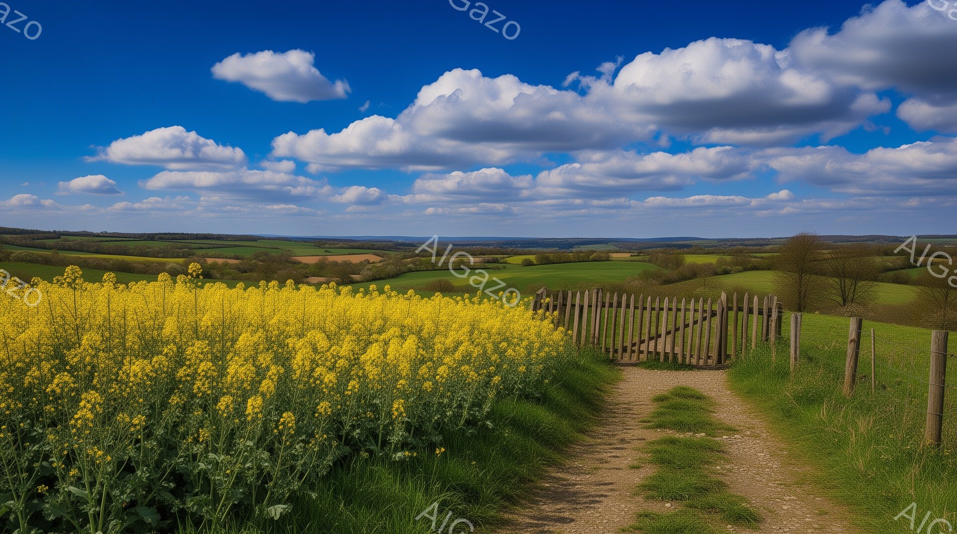広大な緑の丘陵地帯に、鮮やかな黄色の菜の花畑が広がり、土の道が奥へと続いています。空は青く、白い雲が浮かび、明るい日差しが降り注いでおり、穏やかで平和な田園風景が広がっています。古い木の柵が畑の縁を囲み、自然の美しさと静けさ、そして春の訪れを感じさせる風景です。
