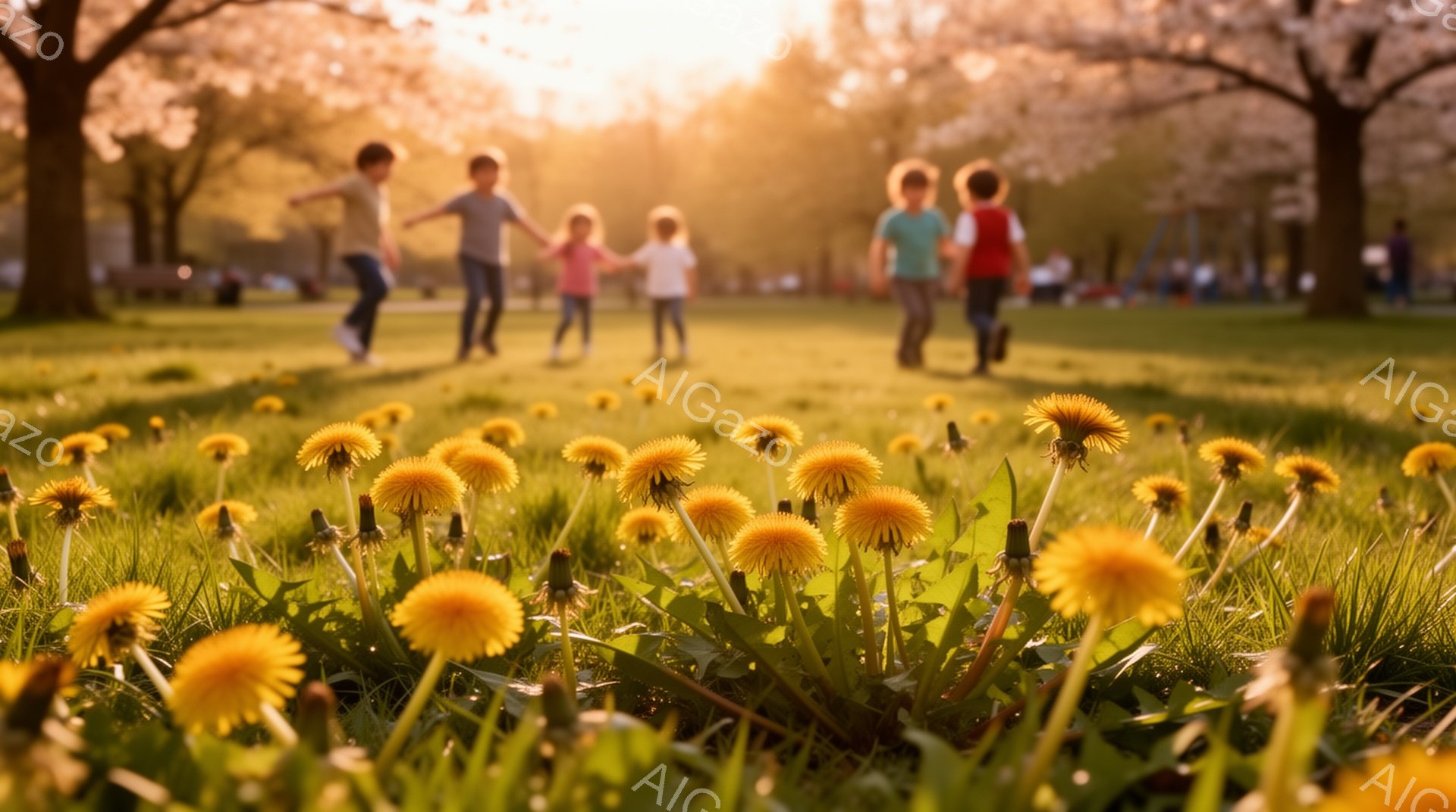鮮やかなタンポポが手前に咲き乱れ、背景には緑の芝生の上を走る子供たちの姿がぼやけて写っている。子供たちはそれぞれ色とりどりの服を着ており、楽しそうに手をつないでいる様子から、明るく陽気な雰囲気が伝わってくる。背景には桜の木と柔らかな夕日の光が広がり、春の暖かな一日を表現している。