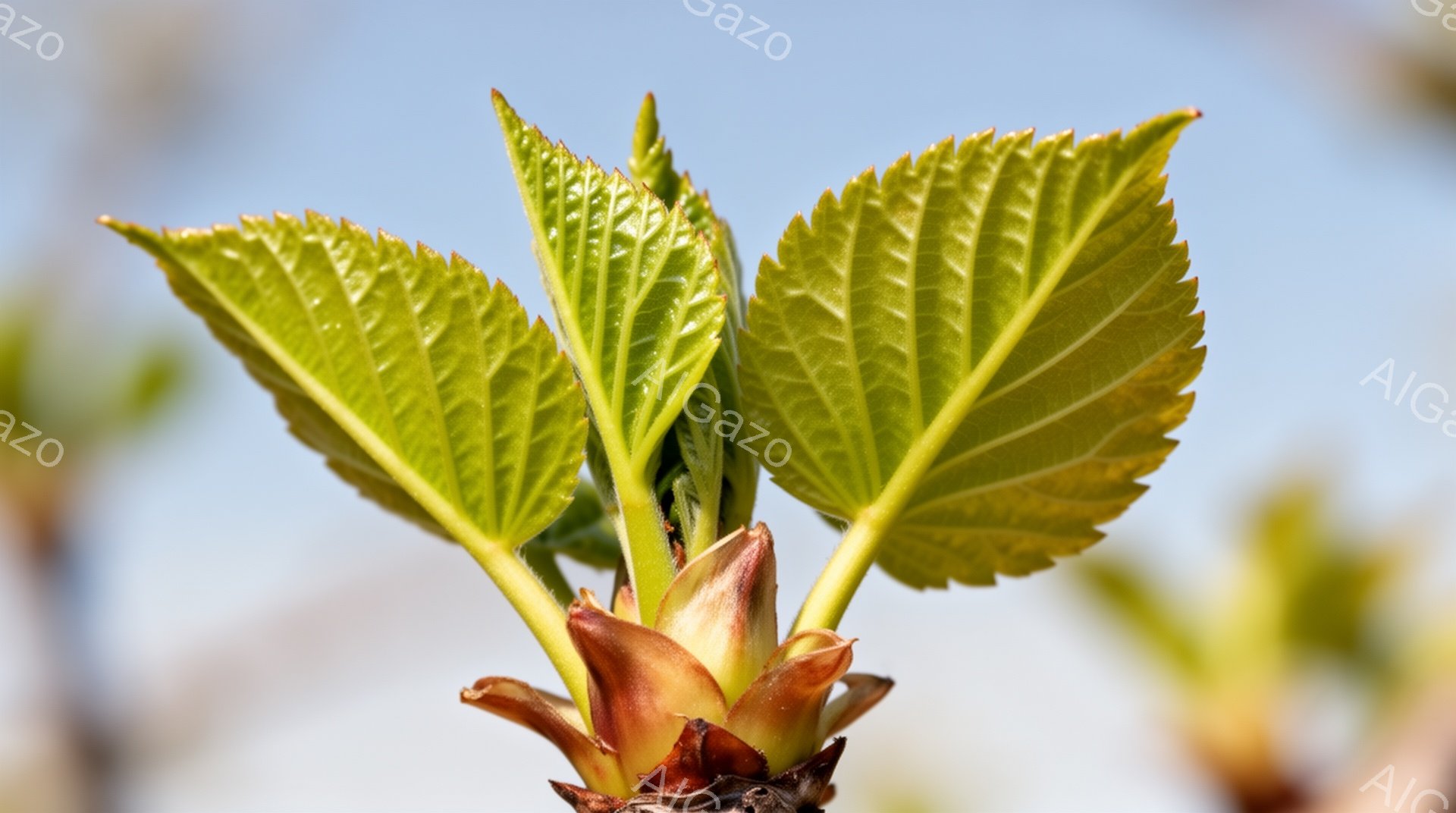 新緑の芽が、まだら模様の茶色い枝から力強く伸び出している。葉は明るい緑色で、表面に細かい筋模様がはっきりと見え、瑞々しさを感じさせる。背景には穏やかな青空が広がり、春の訪れを告げる希望に満ちた光景であ - AI生成フリー素材