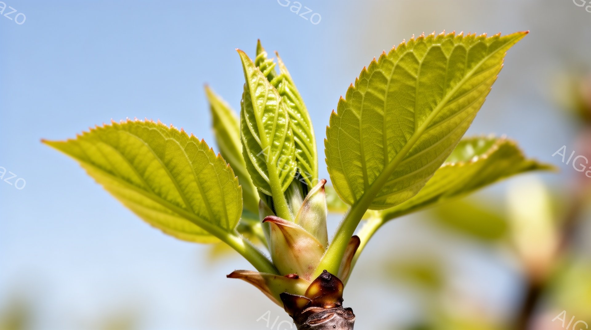 新緑の芽が枝から勢いよく伸び出している様子が捉えられています。葉は明るい緑色で、表面には繊細な脈が走り、新芽の瑞々しさが感じられます。背景は穏やかな水色の空で、春の訪れを感じさせる爽やかな雰囲気です。 - AI生成フリー素材