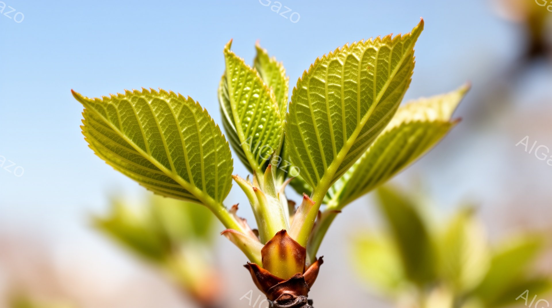 新緑の若葉が、春の光を受けて鮮やかに広がっている。葉脈がはっきりと浮かび上がり、生き生きとした生命力を感じさせる。背景は穏やかな青空で、新芽の明るい緑色と相まって、希望に満ちた穏やかな雰囲気を醸し出し - AI生成フリー素材