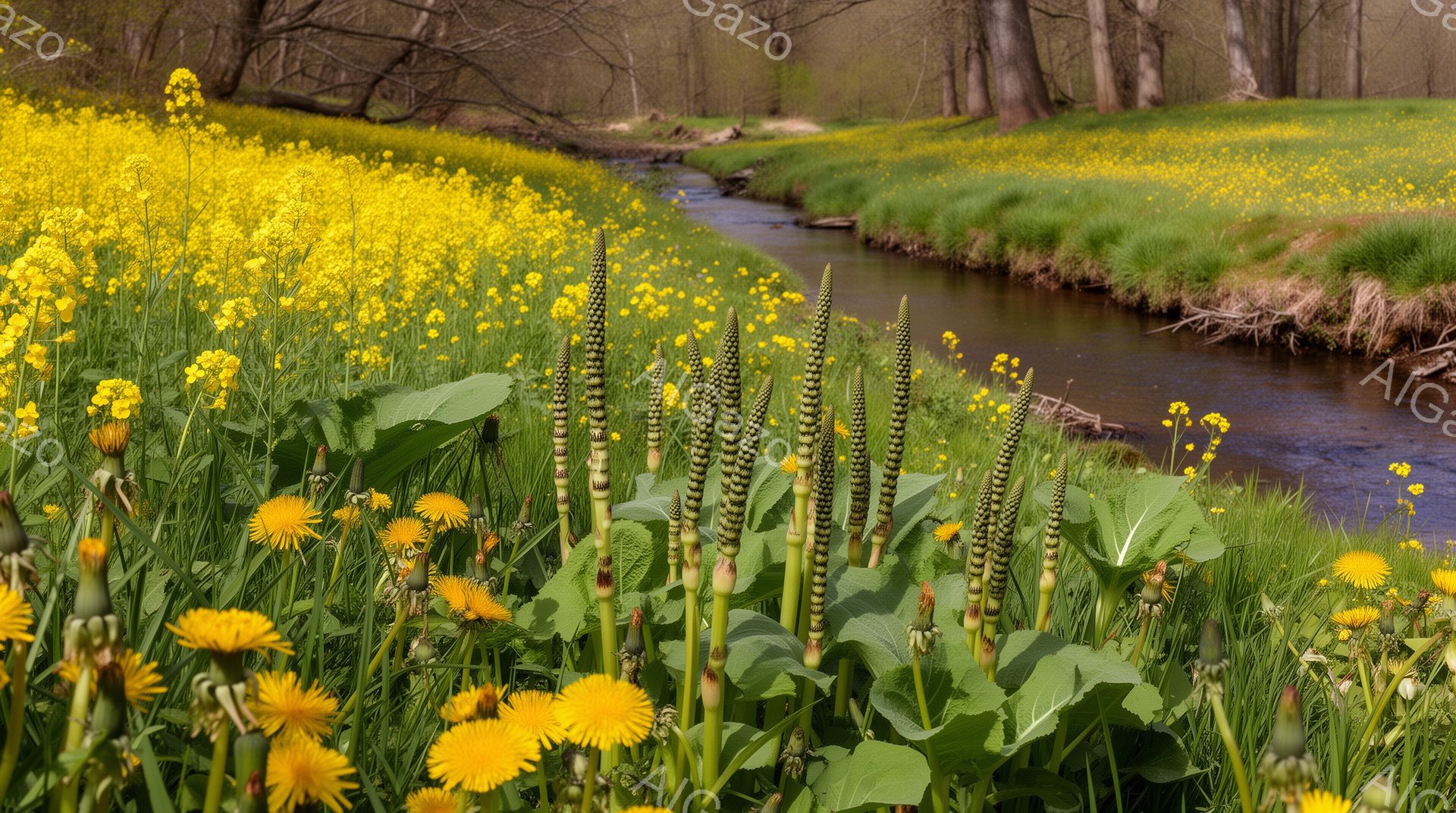 鮮やかな黄色のタンポポと緑の植物が咲き乱れる風景で、浅い小川が蛇行して流れています。背景には木々が茂り、春の暖かな日差しが降り注いで穏やかな雰囲気を醸し出しています。全体的に、自然の美しさが際立つ、静 - AI生成フリー素材