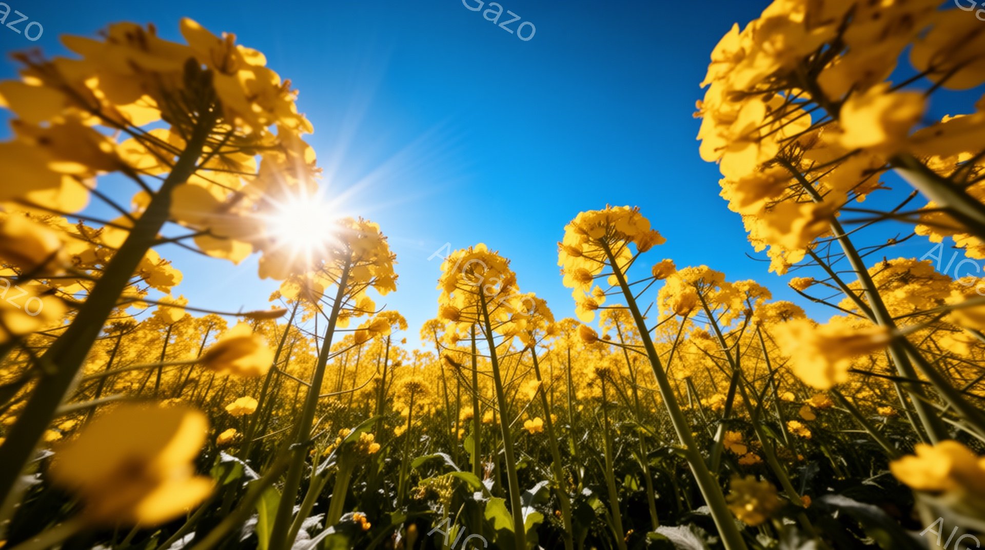 広大な菜の花畑が青空の下に広がっており、太陽が燦々と輝いている。菜の花は鮮やかな黄色で、低角度からのアングルで、まるで空に向かって伸びる波のように見える。暖かい春の陽気を感じさせる、希望に満ちた明るい雰囲気である。