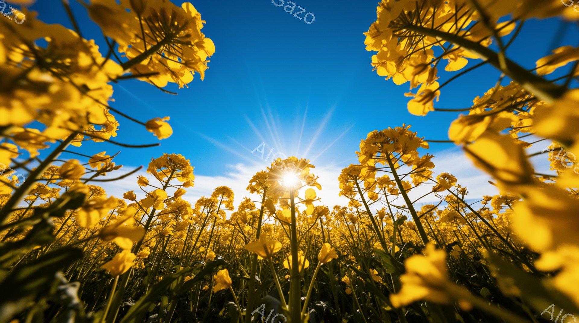 広大な菜の花畑が、太陽の光を浴びて鮮やかに咲き誇っている。青空を背景に、菜の花はまるで空に向かって手を伸ばすように咲き、強い日差しが花の中心から放射状に広がっている。全体的に暖かく、希望に満ちた雰囲気を感じさせる。