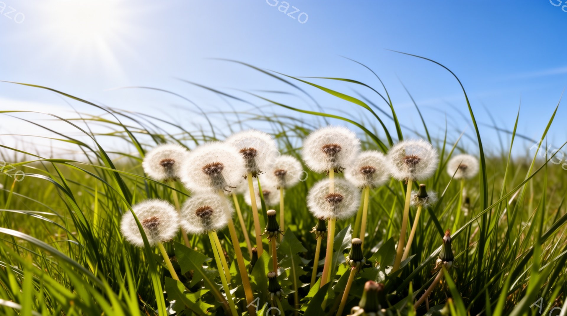青空の下、緑の草むらの中にタンポポが咲き乱れている様子が写っている。綿毛はふっくらと丸く、風にそよぐように揺れている。背景には、より長く伸びた草が広がり、穏やかで平和な春の日の雰囲気を醸し出している。 - AI生成フリー素材