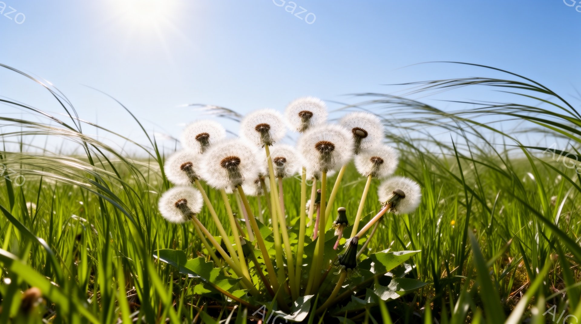 鮮やかな緑の草の中に、ふわふわとしたタンポポが群生している様子が写っている。背景には広大な草原が広がり、空は澄み切った青色で、太陽の光が降り注いでいる。全体的に穏やかで、自然の息吹を感じさせる、平和な - AI生成フリー素材