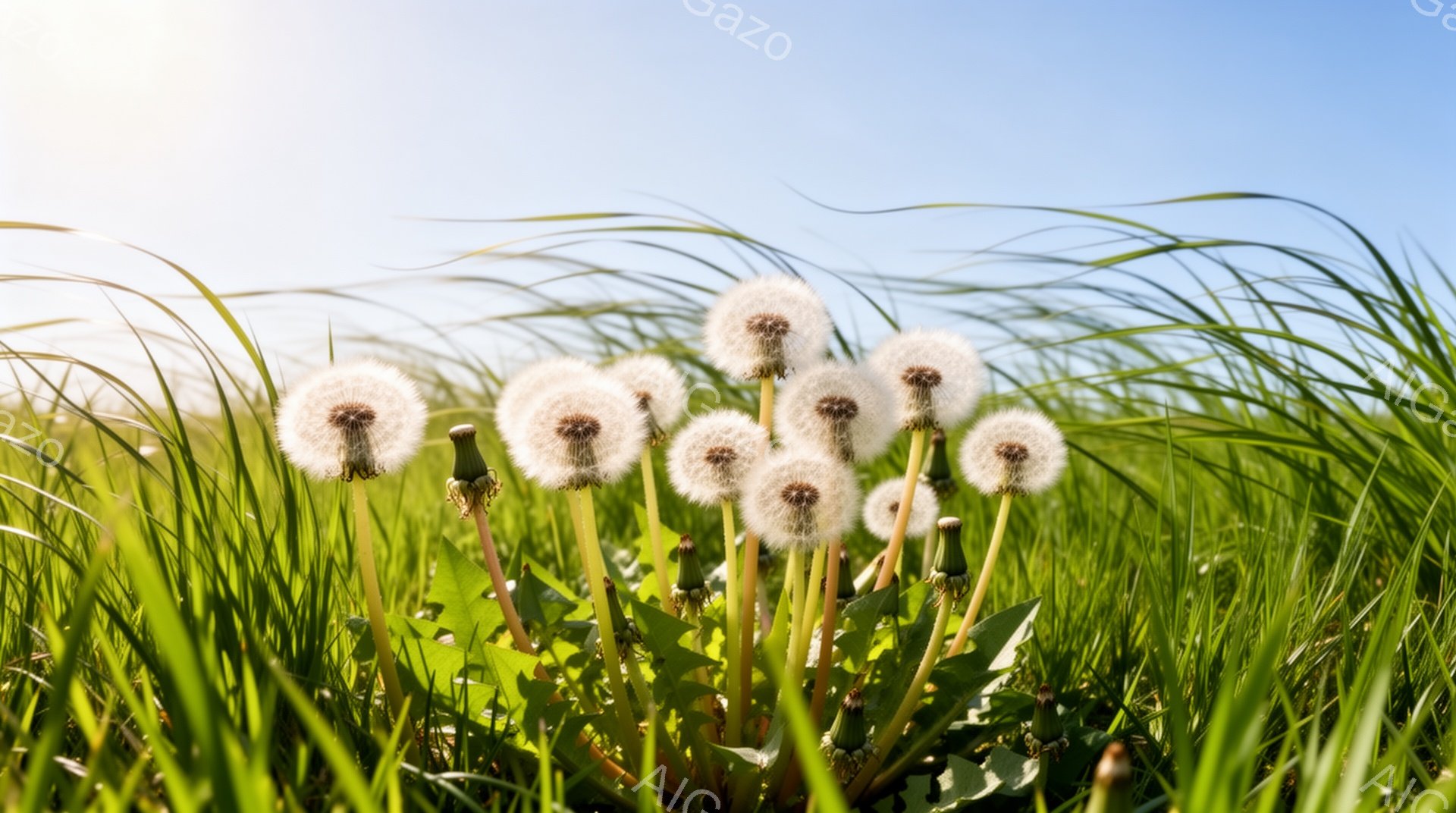 鮮やかな緑色の草の中に、白いタンポポが咲き乱れている。タンポポは綿毛になっており、風に揺れながら種を飛ばしそうだ。空は晴れ渡り、日差しが強く、背景はぼやけているが、自然豊かな風景であることがわかる。