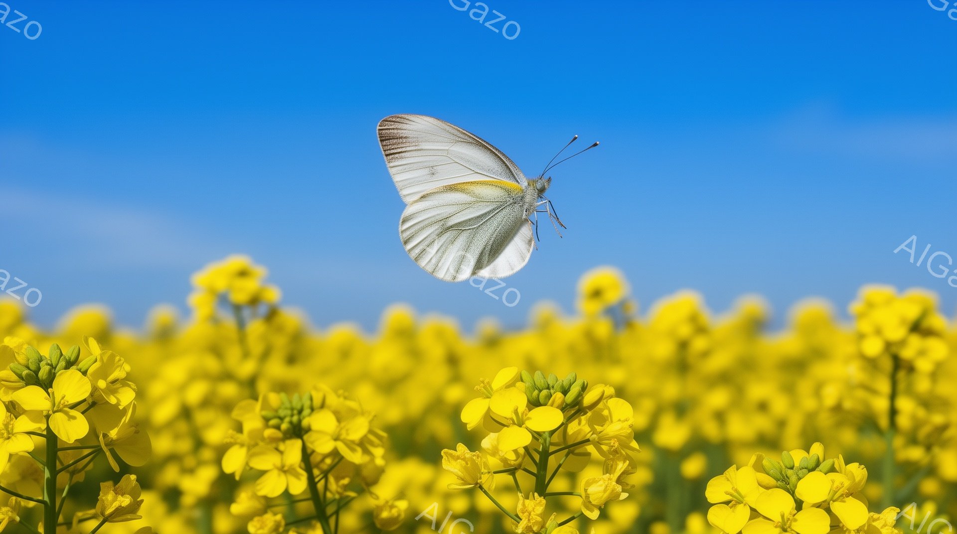 鮮やかな菜の花畑を背景に、白い蝶が羽ばたいている様子が捉えられています。蝶は翼を広げ、まるで空中で静止しているかのように見え、菜の花の黄色と蝶の白が美しいコントラストを生み出しています。晴れ渡った青空が広がり、暖かく穏やかな春の日の雰囲気が感じられます。