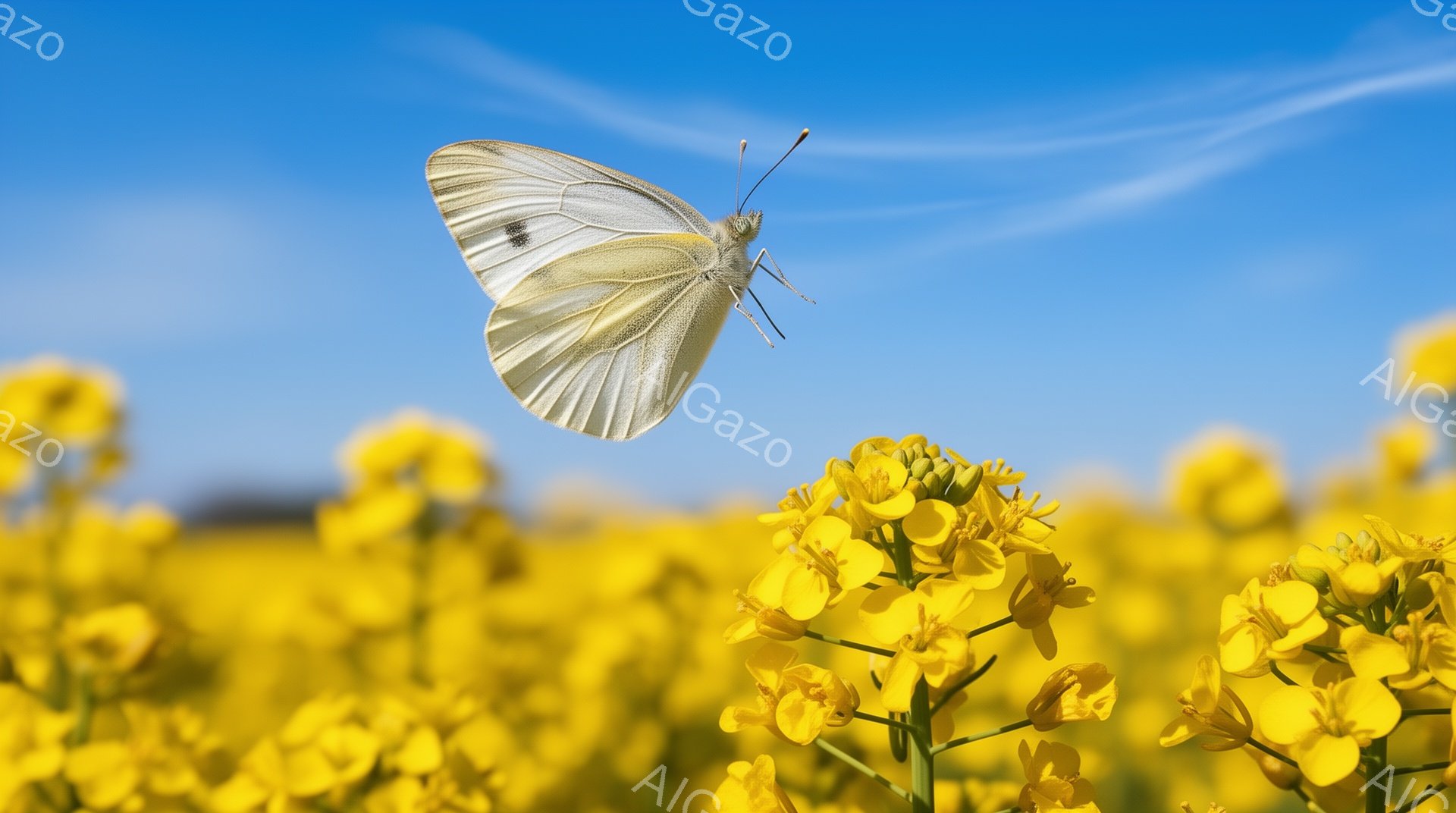 鮮やかな青空を背景に、黄色い菜の花畑が広がり、その上に白い蝶が舞っている。蝶は翼を広げ、まるで花の蜜を求めて飛び回っているようだ。菜の花は密集しており、背景にはぼんやりとした緑の田園風景が見える。