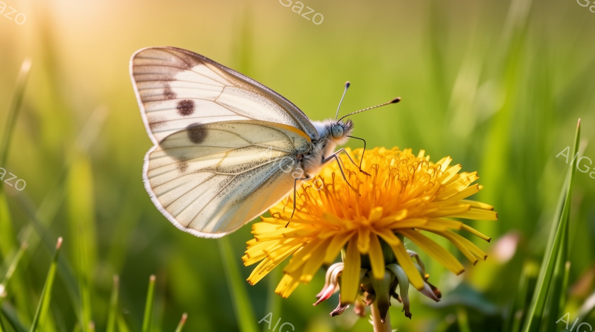 白い蝶が鮮やかな黄色のタンポポの上に静止している。背景は緑色の草地で、柔らかい日光が差し込み、暖かい春の日の雰囲気を醸し出している。蝶の繊細な模様とタンポポの明るい色が、自然の美しさを際立たせている。 - AI生成フリー素材