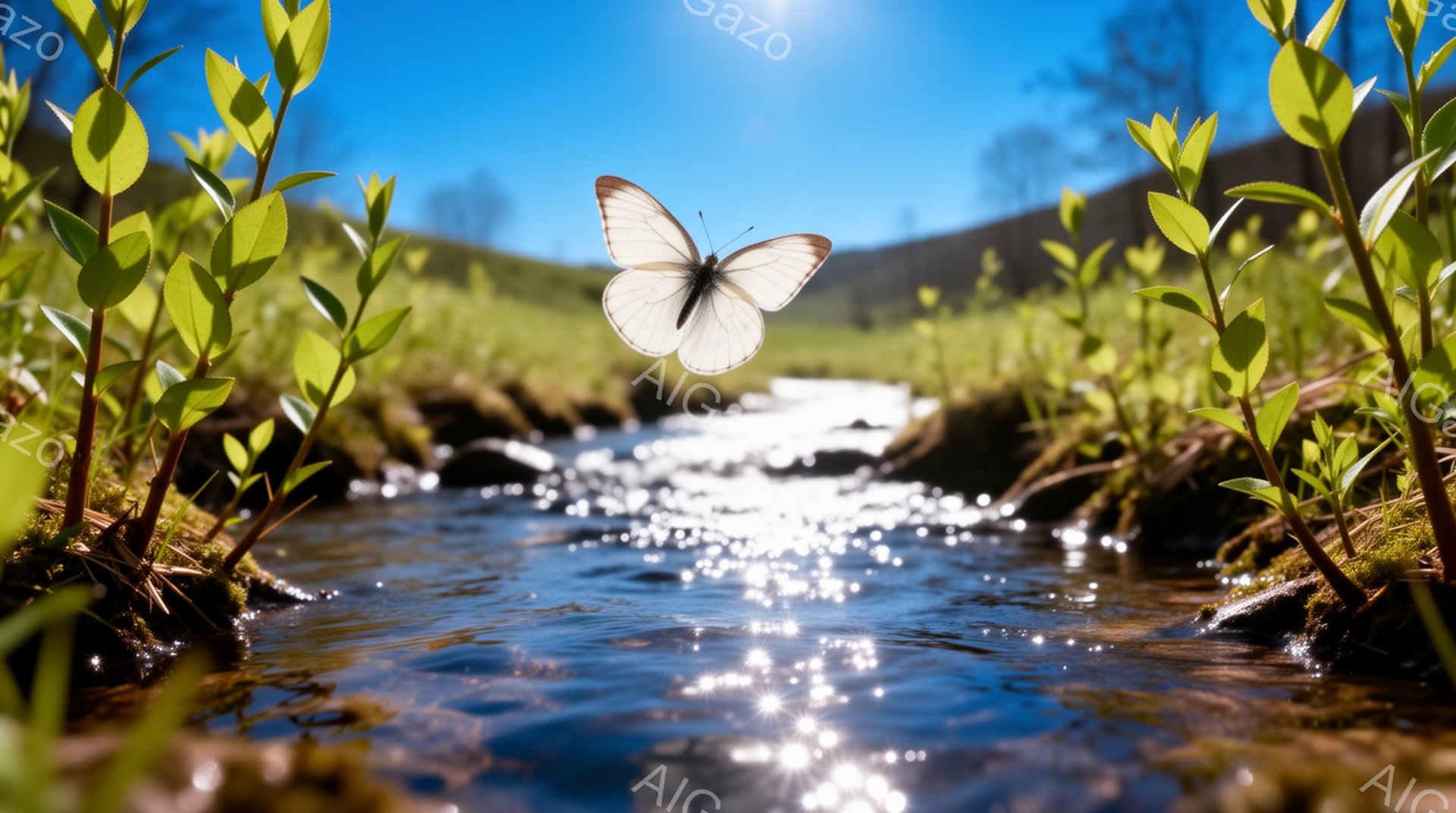 新緑の浅い流れが、苔むした土手に沿って穏やかに流れている。白い蝶が水面付近で羽ばたき、春の陽光を浴びて輝いている。背景には緑豊かな丘が広がり、暖かく穏やかな春の風景が広がっている。 - AI生成フリー素材