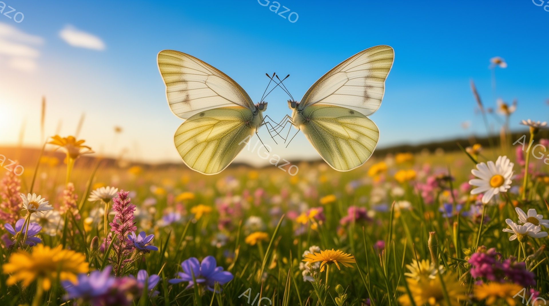 広大な野原に色とりどりの花々が咲き乱れ、その中央に淡い黄色の蝶が羽を広げて飛んでいる。背景には緑の丘と青い空が広がり、夕焼けの光が柔らかく花々を照らしている。暖かく穏やかな雰囲気で、自然の美しさが際立 - AI生成フリー素材