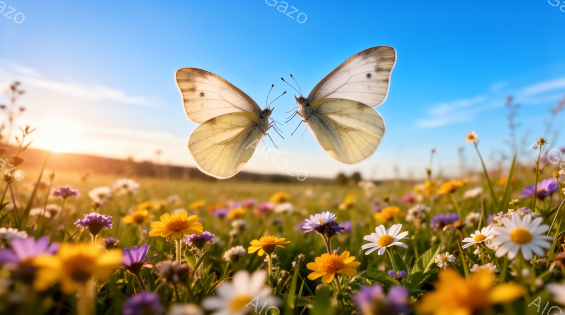 鮮やかな野原に、白い蝶が2匹舞っている。様々な色の花々が咲き乱れ、背景にはぼんやりと緑の丘が見え、夕焼け空が美しいグラデーションを描いている。全体的に穏やかで、暖かく、自然に満ちた雰囲気を感じさせる。