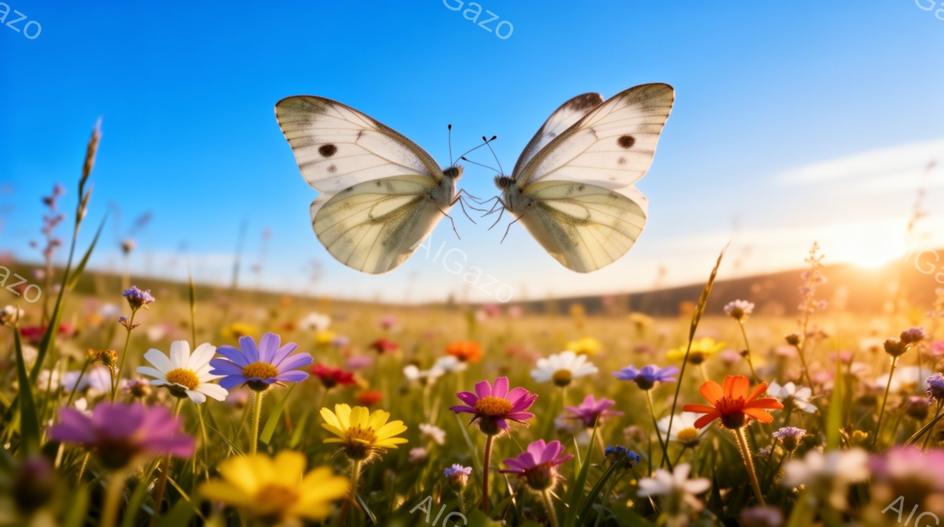 色とりどりの野花が咲き乱れる草原に、白い蝶が舞っている。夕焼けの光が差し込み、花々と蝶を優しく照らし出している。穏やかで暖かい雰囲気の、自然豊かな風景だ。 - AI生成フリー素材