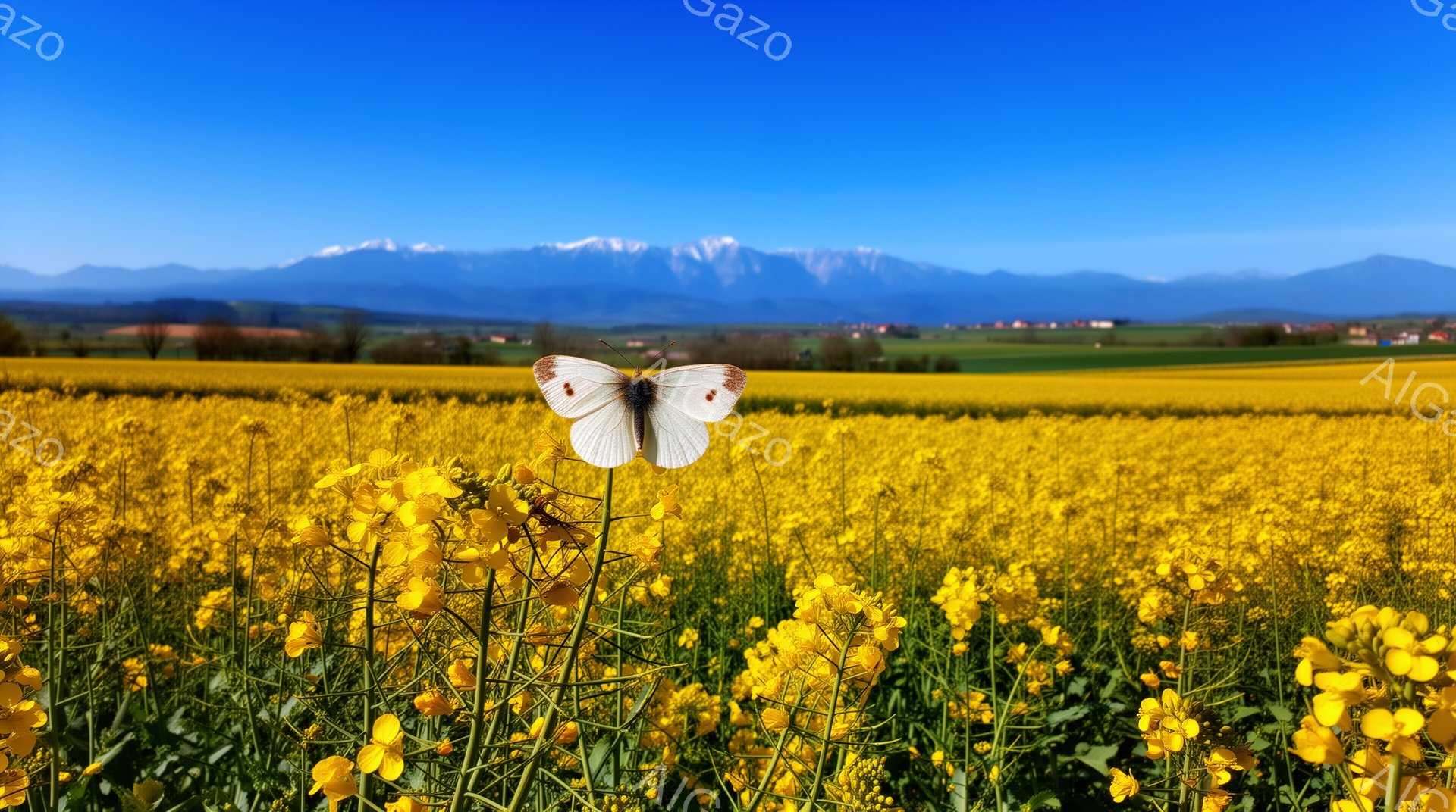 広大な菜の花畑の中に、白い蝶が鮮やかに舞っている。背景には緑の丘陵と雪を抱いた山々が広がり、晴天の空がその景色を際立たせている。全体的に穏やかで明るい雰囲気が、春の訪れを感じさせる美しい風景だ。