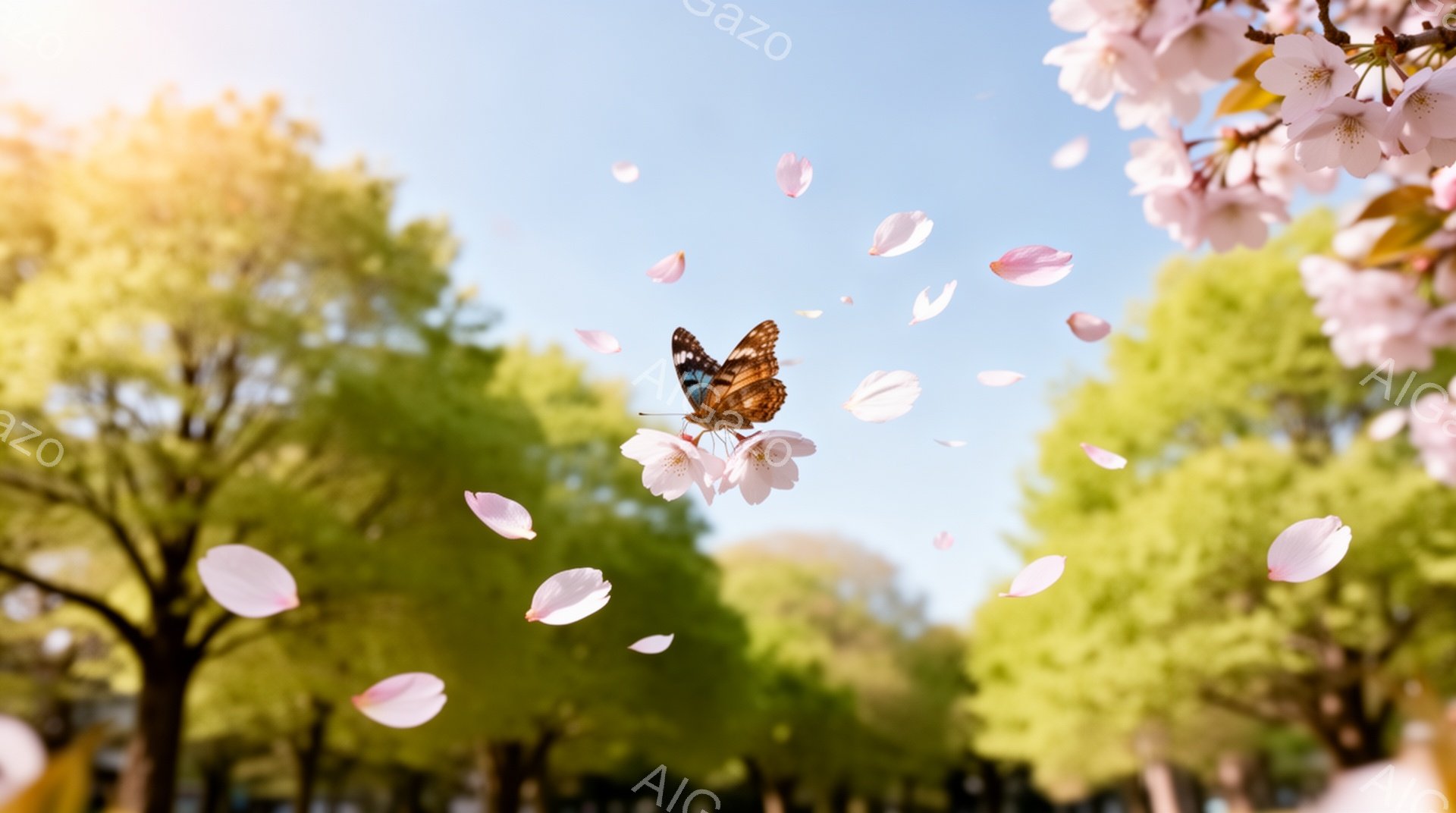 桜の花びらが舞い散る春の風景で、茶色と白の模様を持つ蝶がピンク色の桜の花の上に止まっています。背景には緑豊かな木々と青空が広がり、柔らかな光が降り注ぎ、穏やかで幻想的な雰囲気を醸し出しています。春の暖かさと生命力を感じさせる、美しい瞬間が捉えられています。