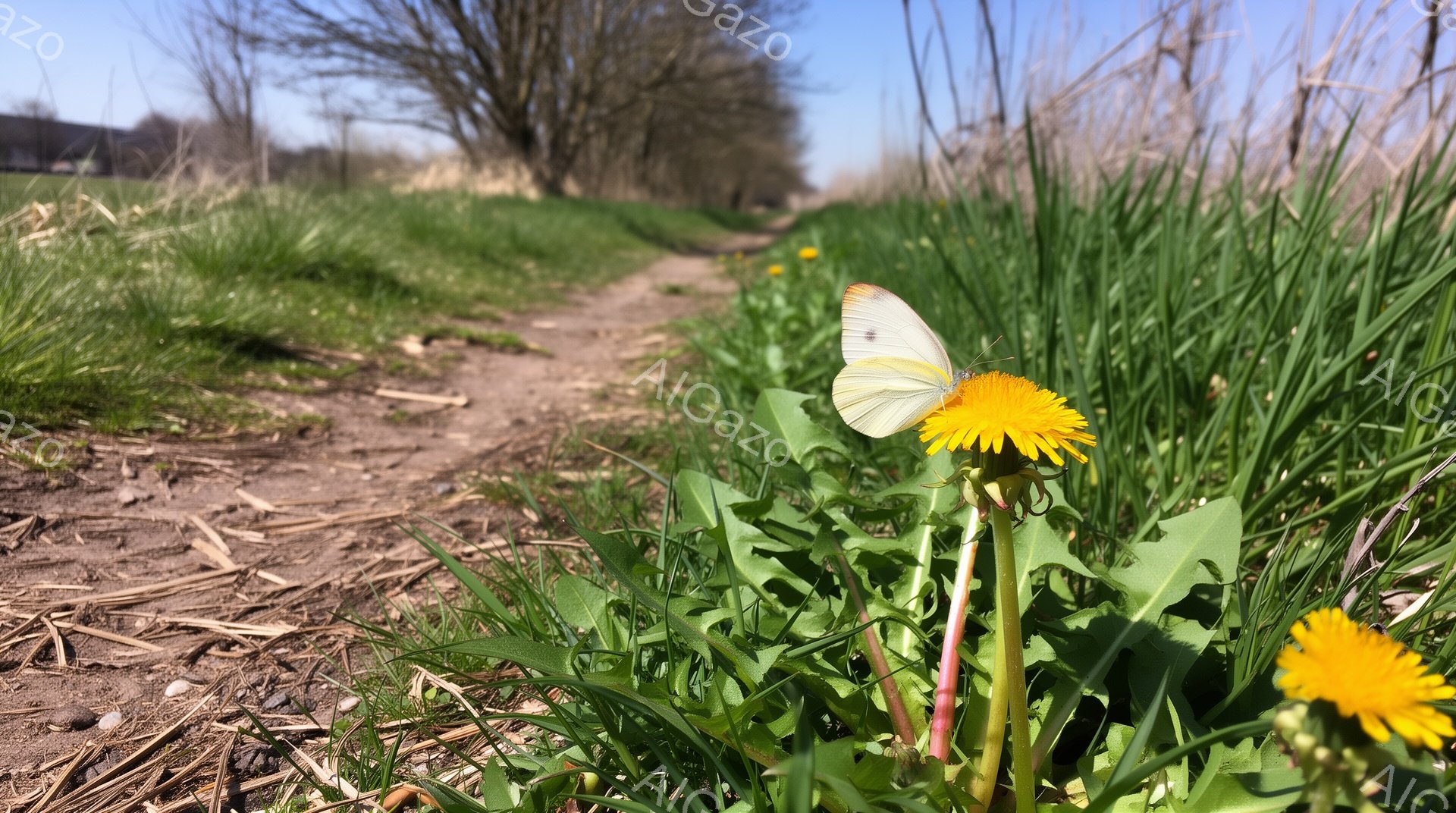 春の穏やかな日差しの中、タンポポに白い蝶が止まっているクローズアップの写真です。雑草が生い茂る道が遠くの並木へと続いており、空は晴れやかで、春の訪れを感じさせます。鮮やかな緑と黄色のコントラストが、暖かく優しい雰囲気を醸し出しています。