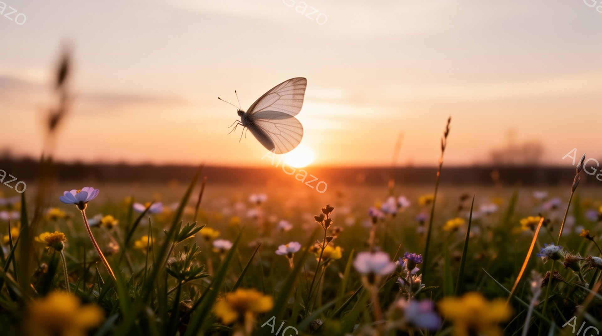 広大な草地で、夕焼けを背景に白い蝶が舞っている。黄色や青紫色の小さな花々が咲き乱れ、柔らかい光に包まれている。穏やかな雰囲気で、自然の美しさが際立っている。