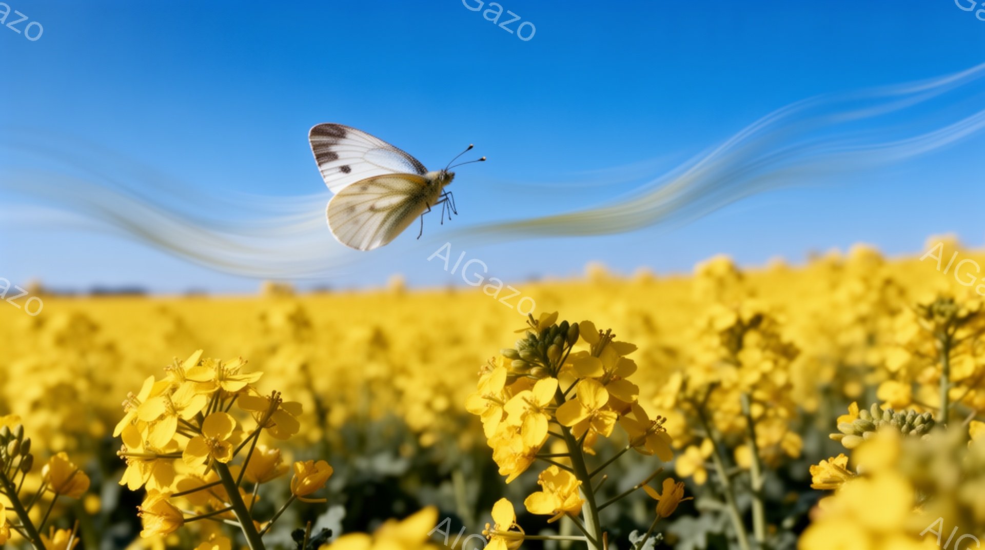 広大な菜の花畑の中で、白い蝶が舞っている様子が捉えられています。鮮やかな黄色い花々と青空が広がり、蝶の繊細な羽根が光を受けて輝いています。全体的に明るく、穏やかな春の雰囲気を感じさせる一枚です。