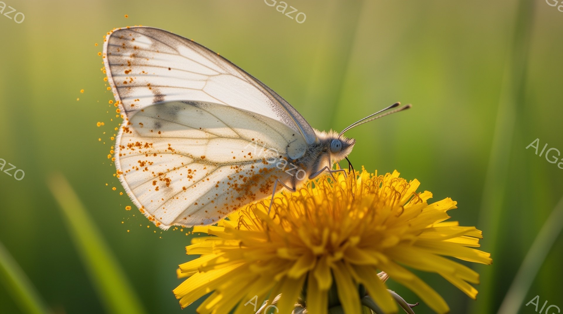 淡黄色のモンシロチョウが鮮やかな黄色のタンポポの上にとまっている。チョウの翅には細かい茶色の斑点があり、タンポポの黄色とコントラストをなしている。背景は緑色の草が生い茂っており、柔らかい日差しが全体を - AI生成フリー素材