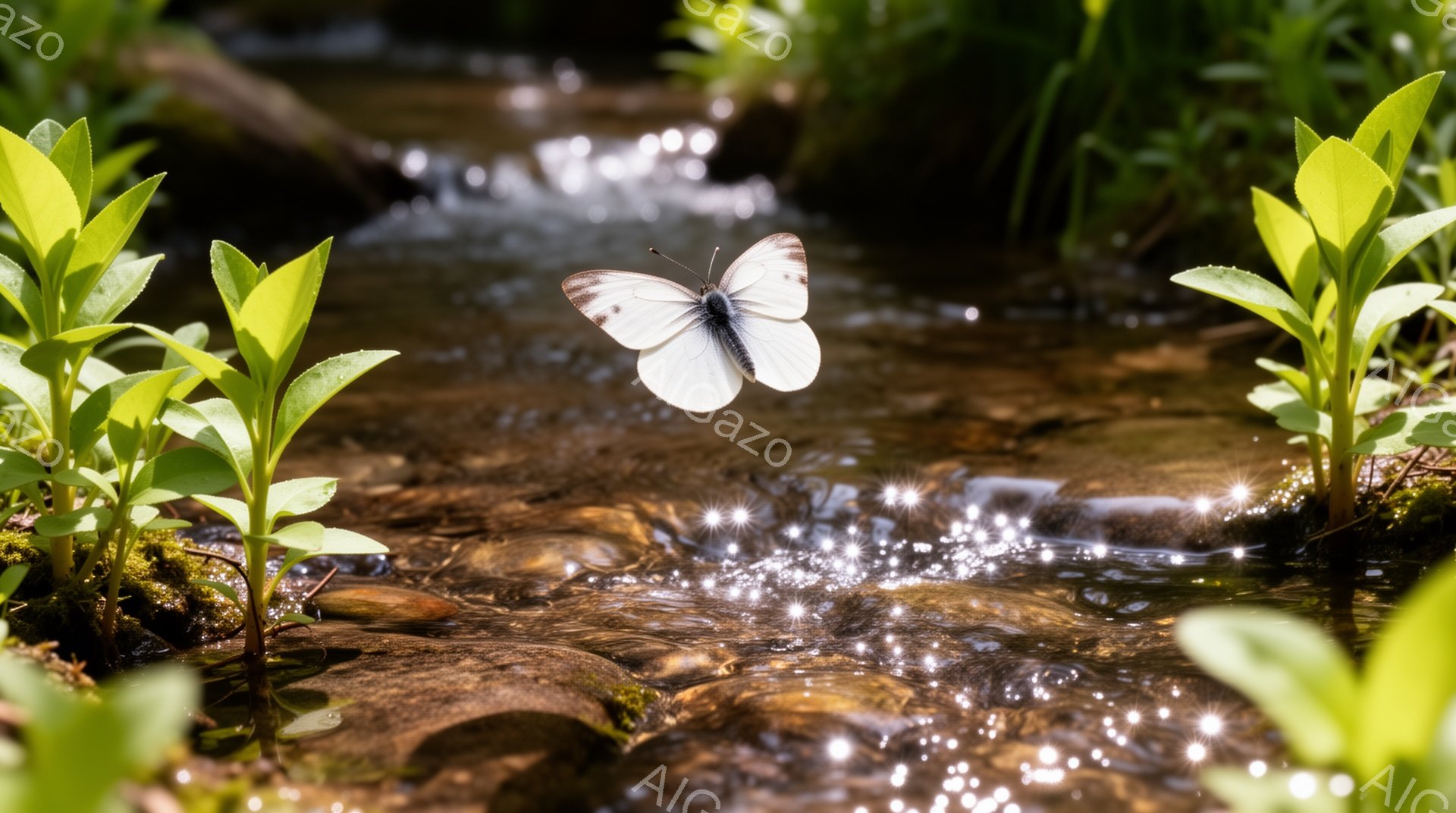 澄んだ小川の流れの中に、白い蝶が舞っている様子が捉えられています。川底の石や水面の光の反射が美しく、緑豊かな植物が両側から小川を囲んでいます。静かで穏やかな自然の雰囲気が感じられ、蝶の繊細さが際立って - AI生成フリー素材
