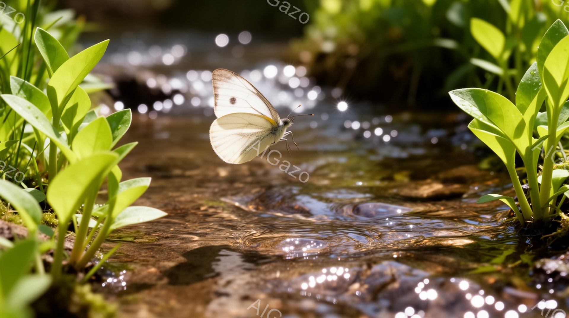 白い蝶が、緑の葉に囲まれた浅い小川の上を舞っている。太陽の光が水面に反射してキラキラと輝き、水底の砂や石が透けて見える。全体的に柔らかく、自然の中で穏やかな時間が流れているような雰囲気が漂う。 - AI生成フリー素材